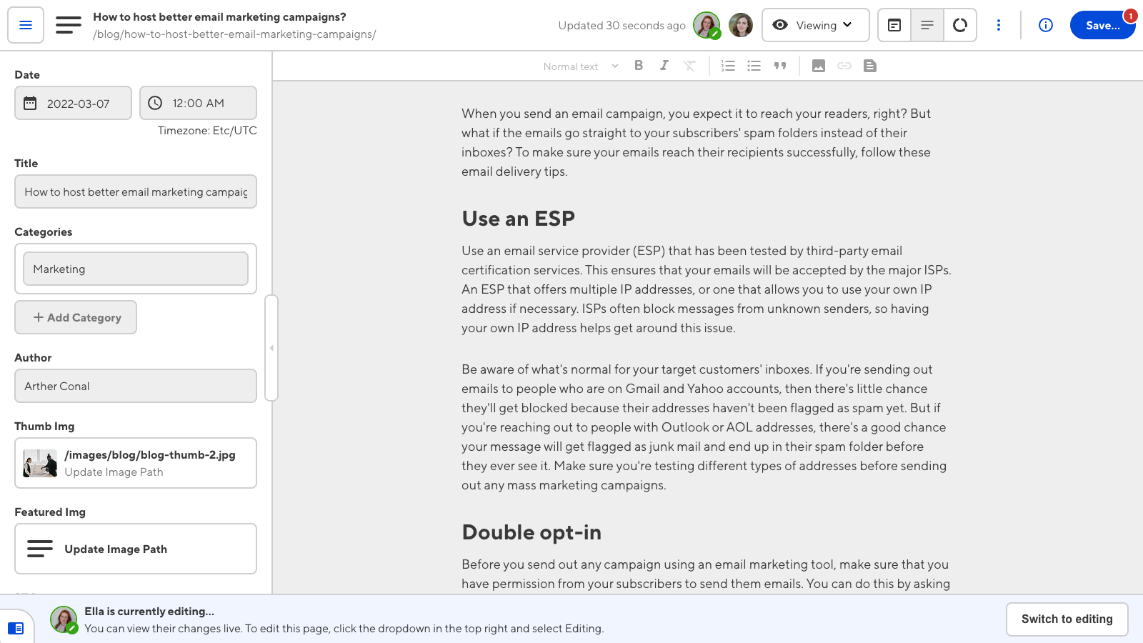 A screenshot of the Content Editor in read-only mode, with a banner at the bottom to switch to editing.