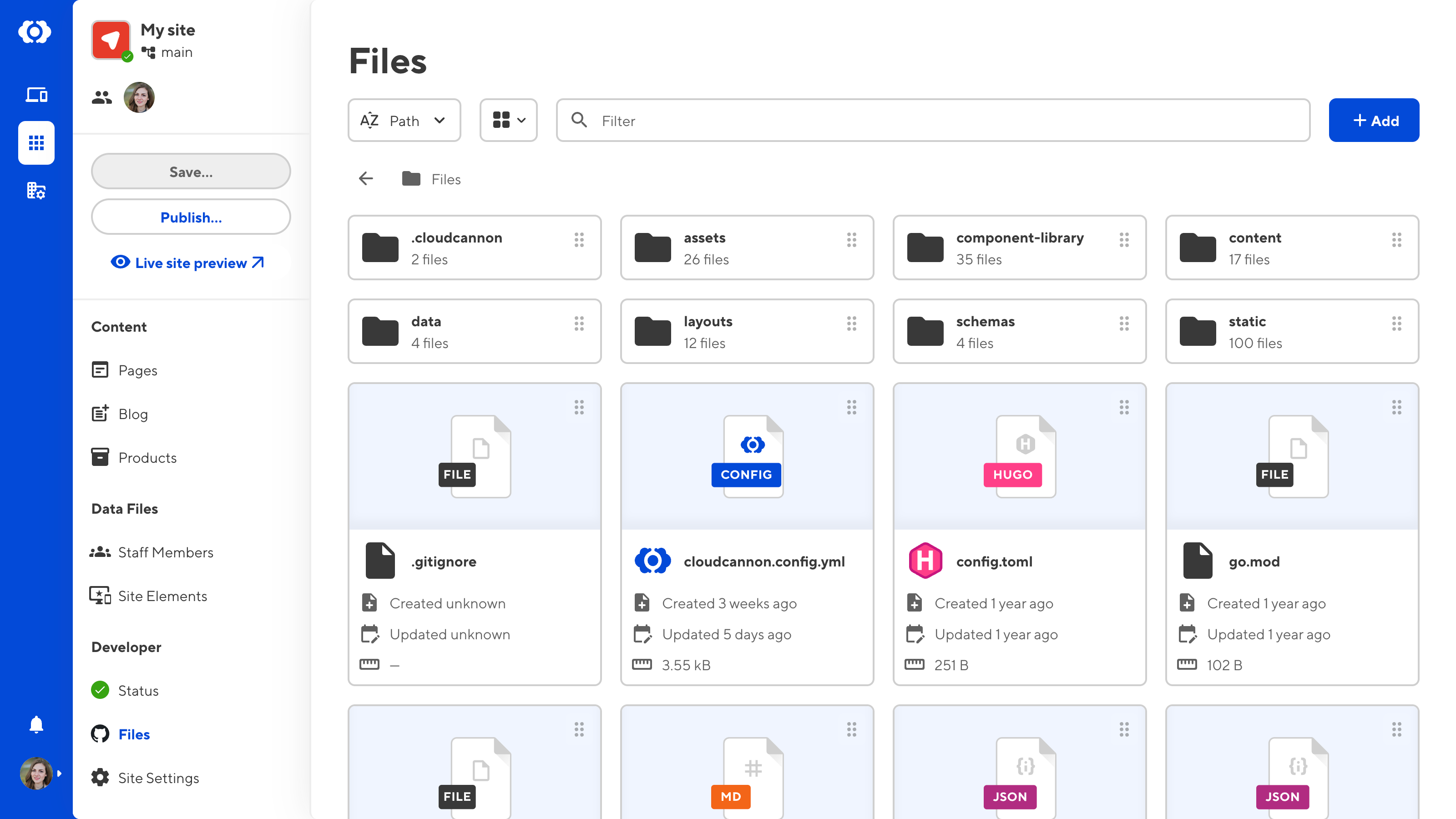 A screenshot of the File browser shows several Site files, sort and view dropdowns, the file filter, and the + Add button.