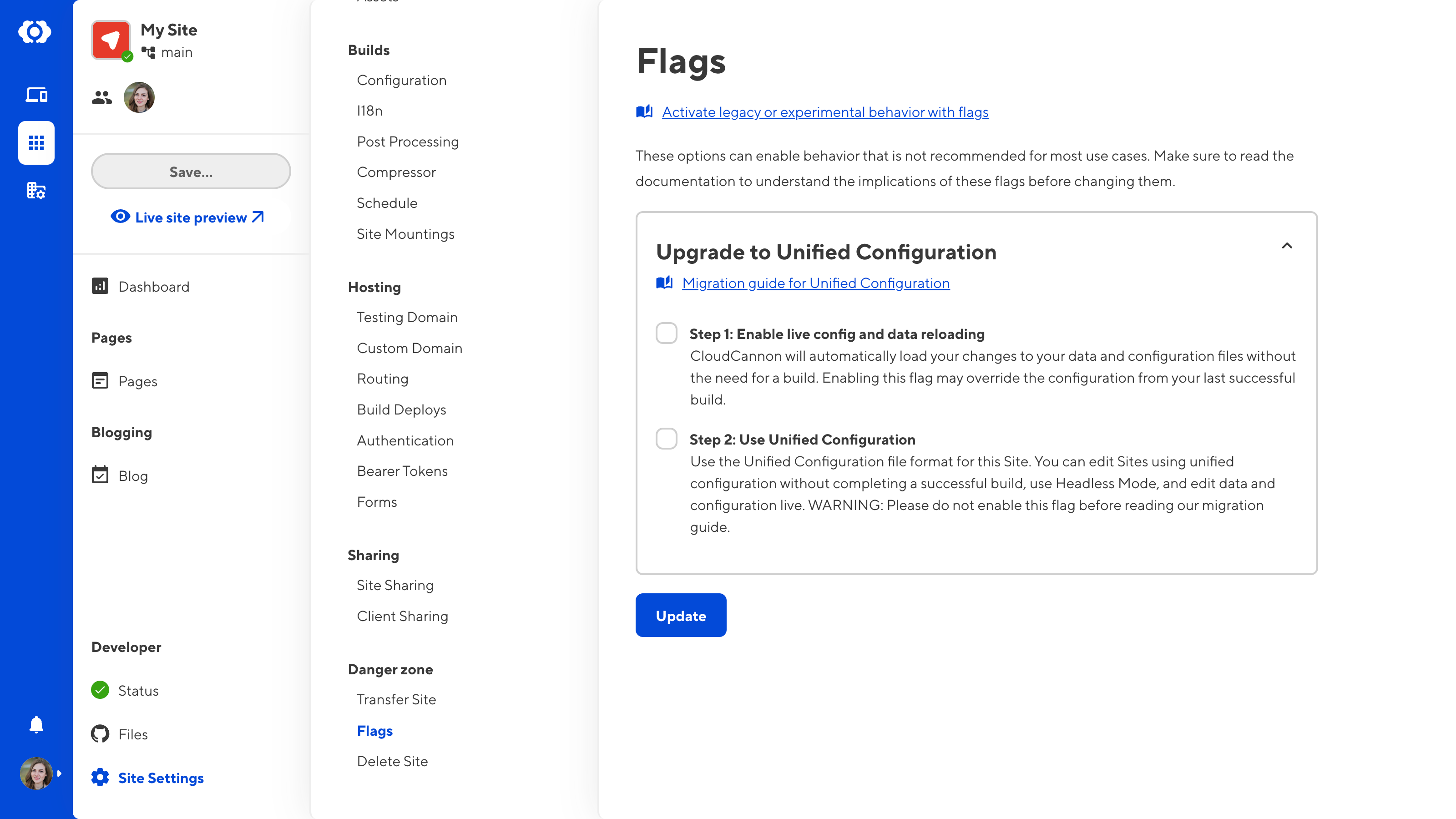 A screenshot of the Flags page shows a checkbox named Use Unified Configuration under the Unified Configuration heading.