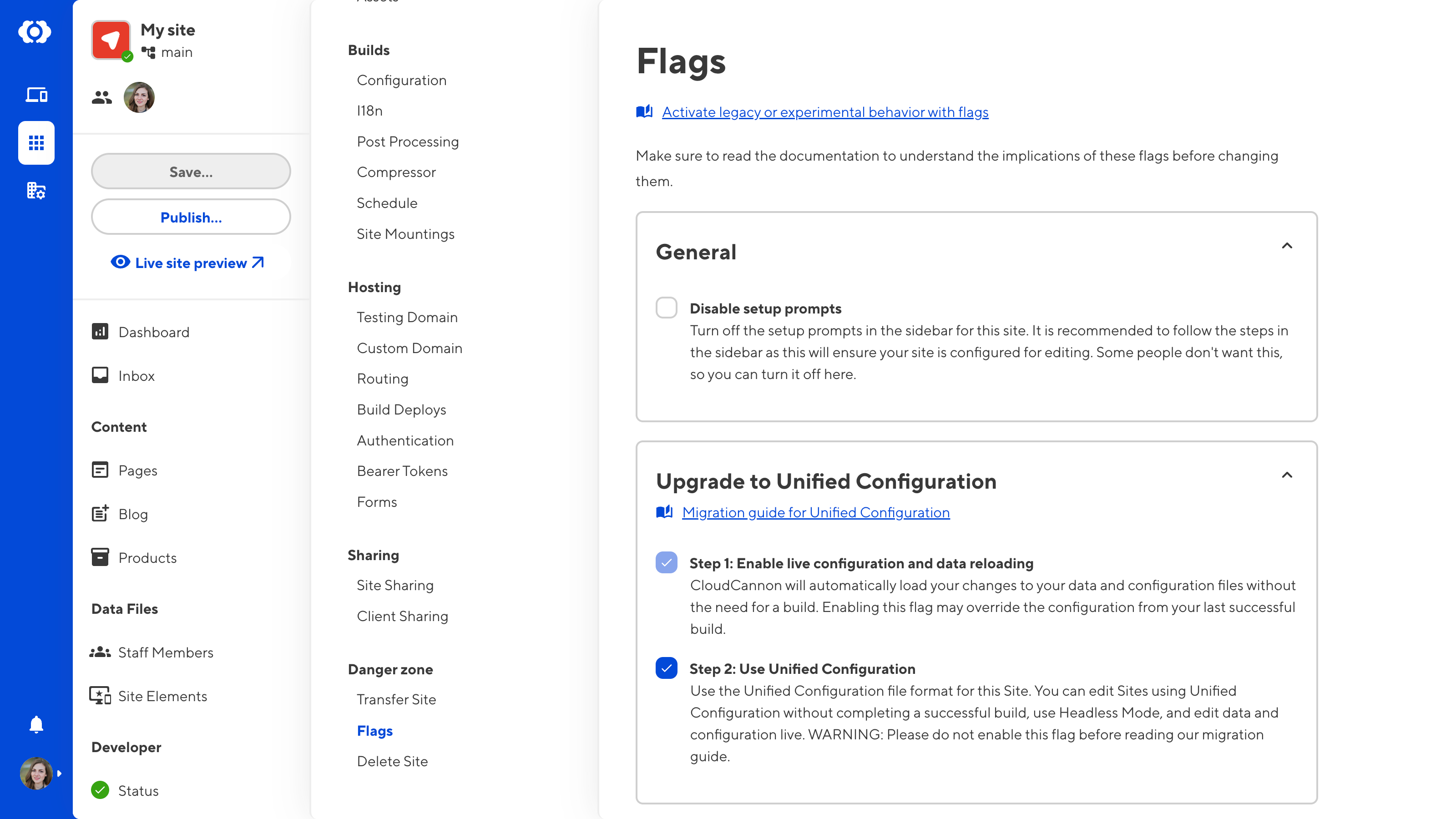 A screenshot of the Flags page in your Site Settings shows three checkboxes for enabling opt-in behavior in CloudCannon.