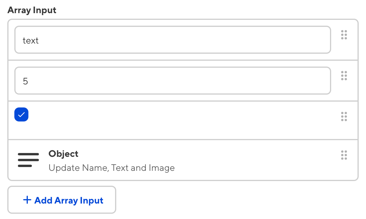 A screenshot of the Array input in the Data Editor, showing multiple types of entries.