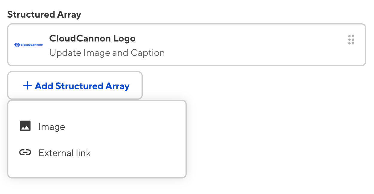 A screenshot of a structured Array input in the Data Editor, showing a dropdown menu to select the structure for a new entry.