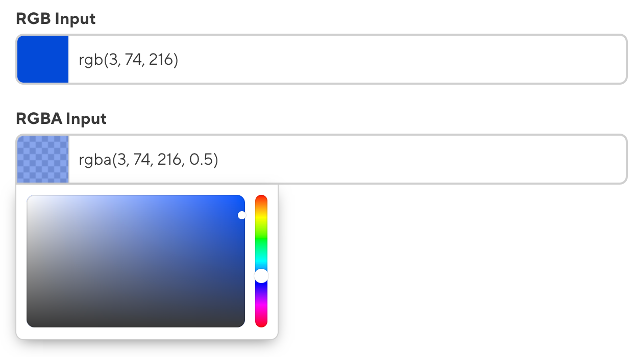 A screenshot of two Color inputs in the Data Editor, showing RGB and RGBA data.