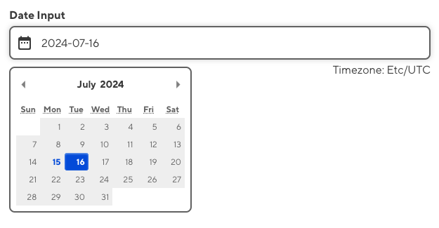 A screenshot of the Date input in the Data Editor, showing a calendar for date values.