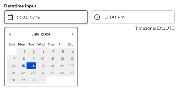 A screenshot of the Datetime input in the Data Editor, showing a calendar for date values.