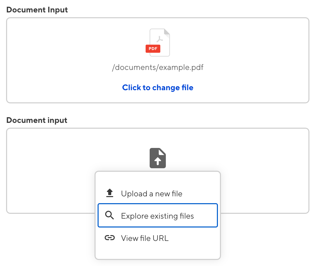 A screenshot of the Document input in the Data Editor, showing a dropdown menu to upload or browse assets.