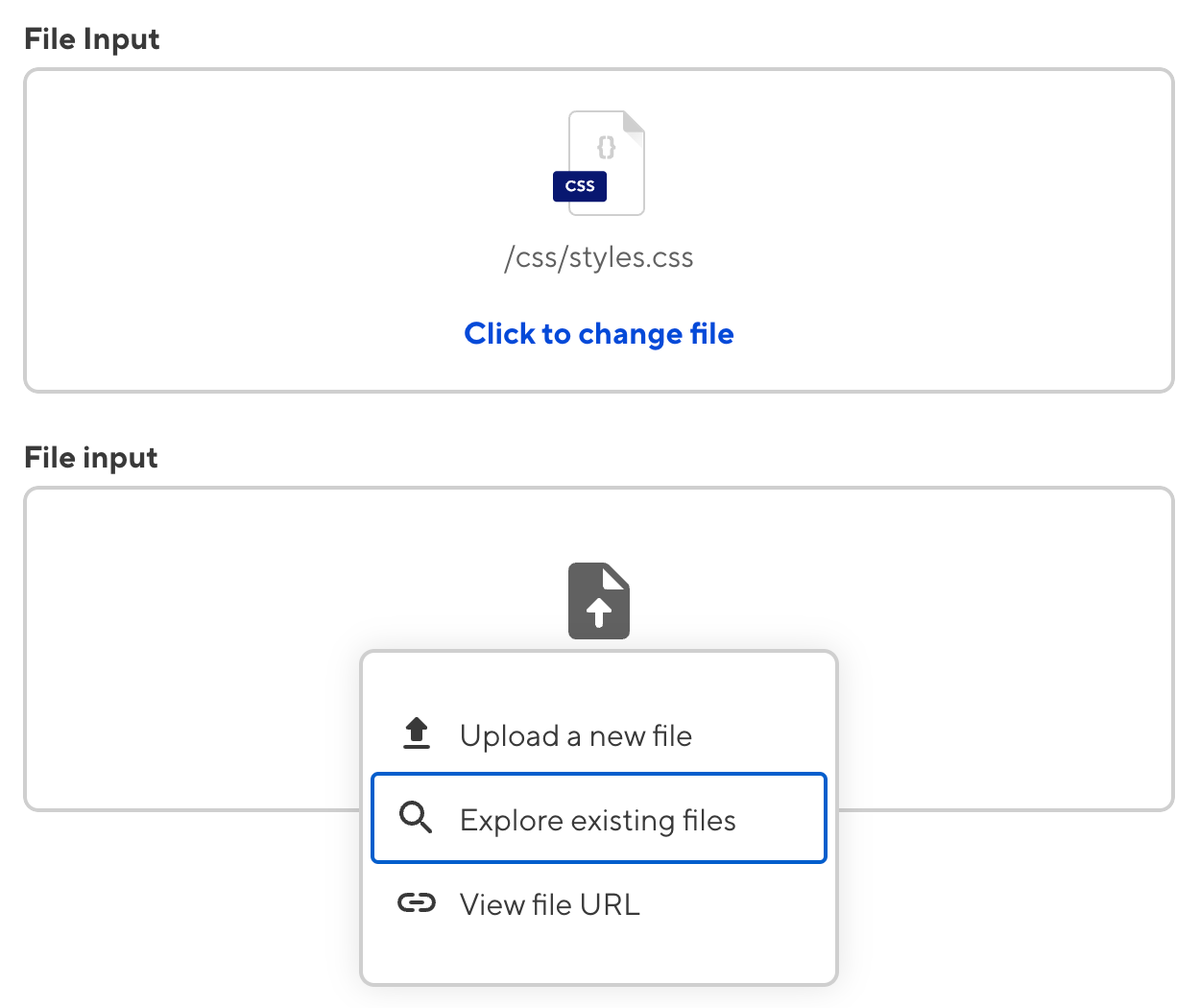 A screenshot of the File input in the Data Editor, showing a dropdown menu to upload or browse assets.