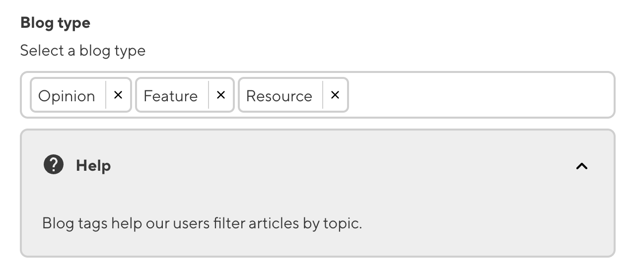 A Multiselect input in the Data Editor shows three tags for a blog.