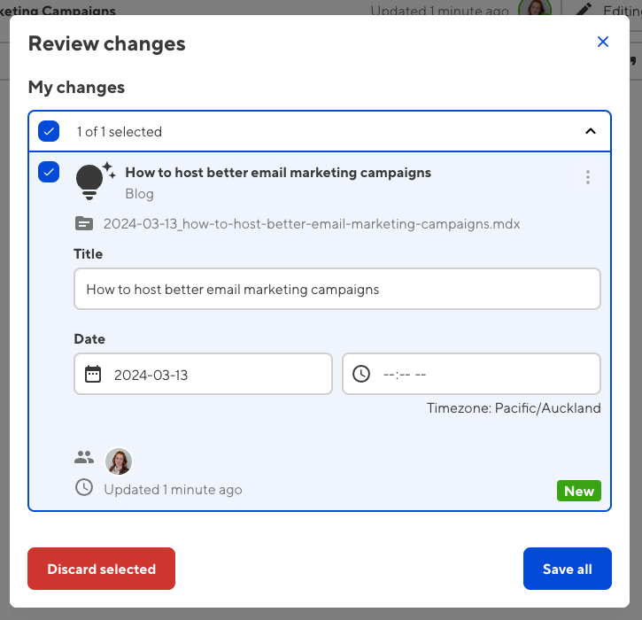 The Review changes modal with required inputs to save the file.