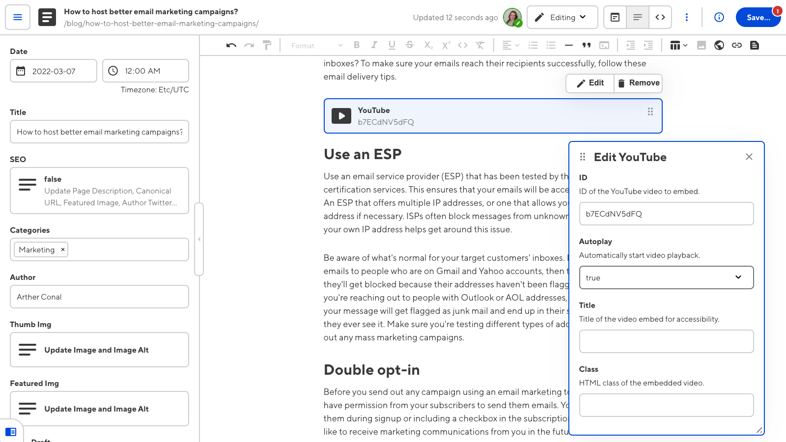 A screenshot of the Content Editor shows a YouTube Snippet in the rich text editor with an open Data panel to edit the Snippet parameters.