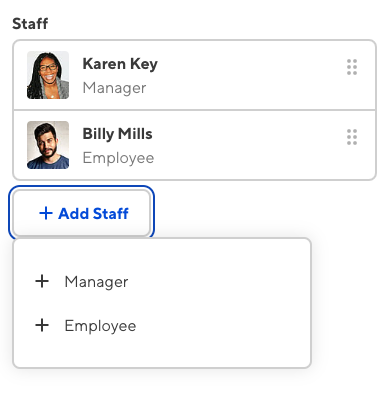 The sidebar of the Content Editor shows an array with the options for Manager and Employee configured in the structure.