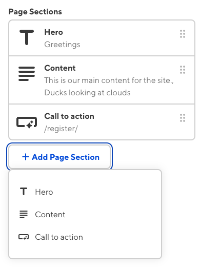 The sidebar of the Content Editor shows a structure with options for Hero, Content, and Call to action.