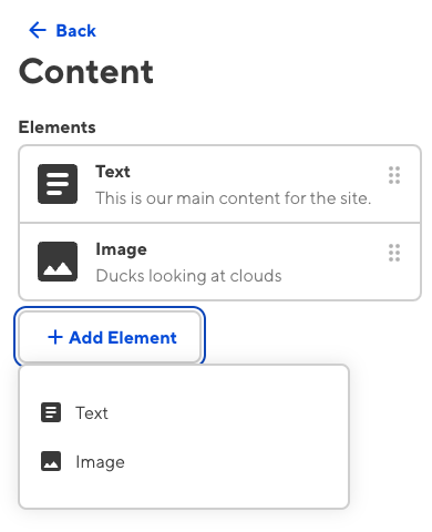 The sidebar of the Content Editor shows a structure within a structure with options for Text and Image.