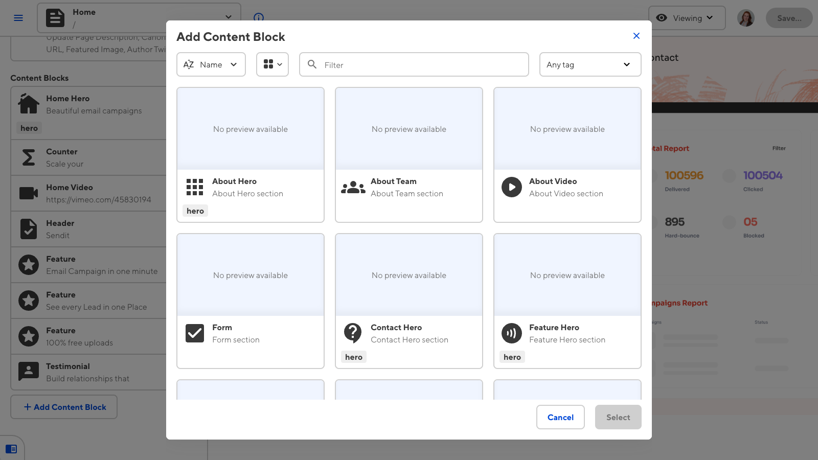 A screenshot of the CloudCannon app shows a pop-up modal for selecting a structure to add to the Content Block array.