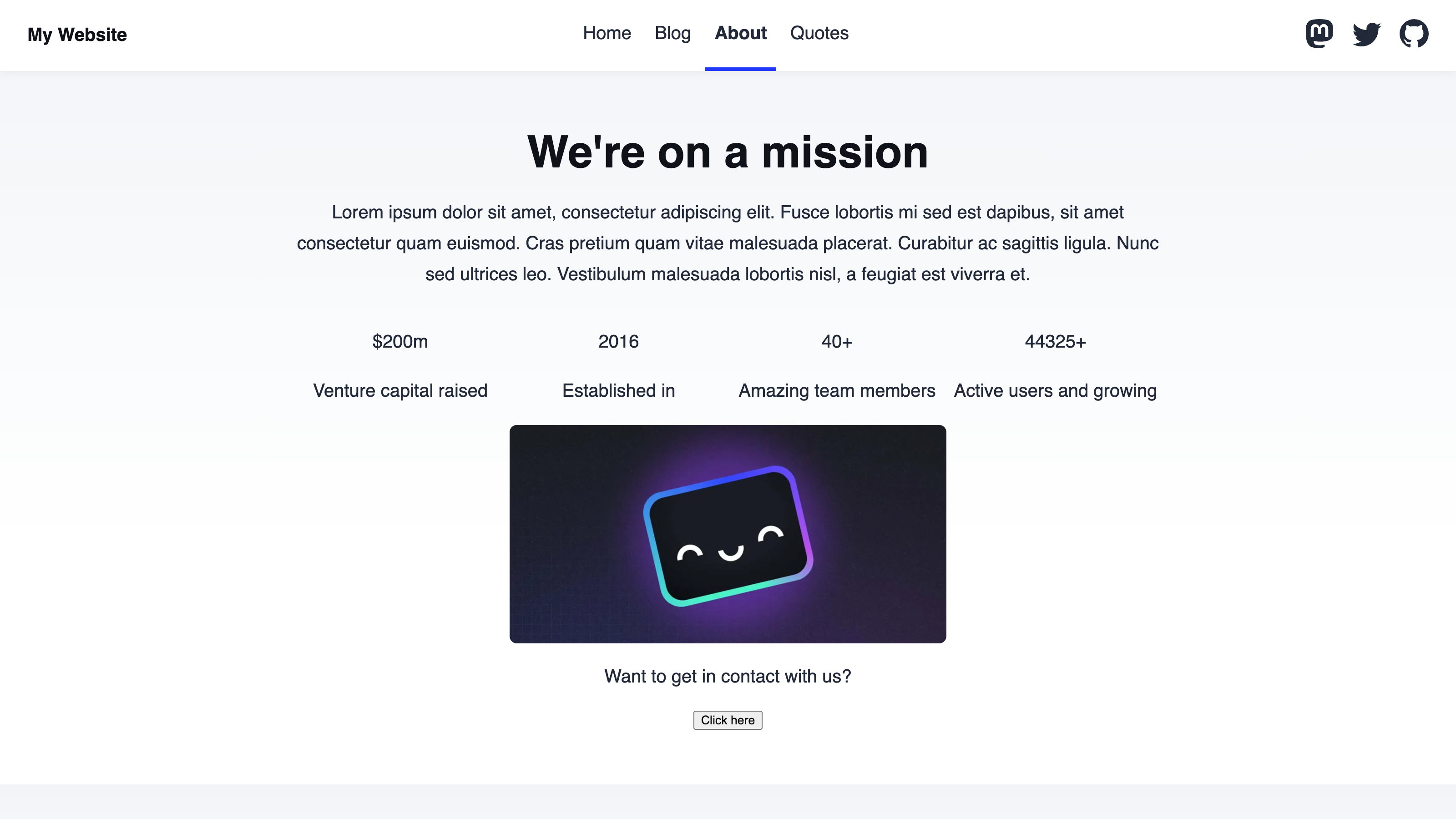 The about page A screenshot of the About page on our Astro website shows header content, some statistics, an image, and a button.