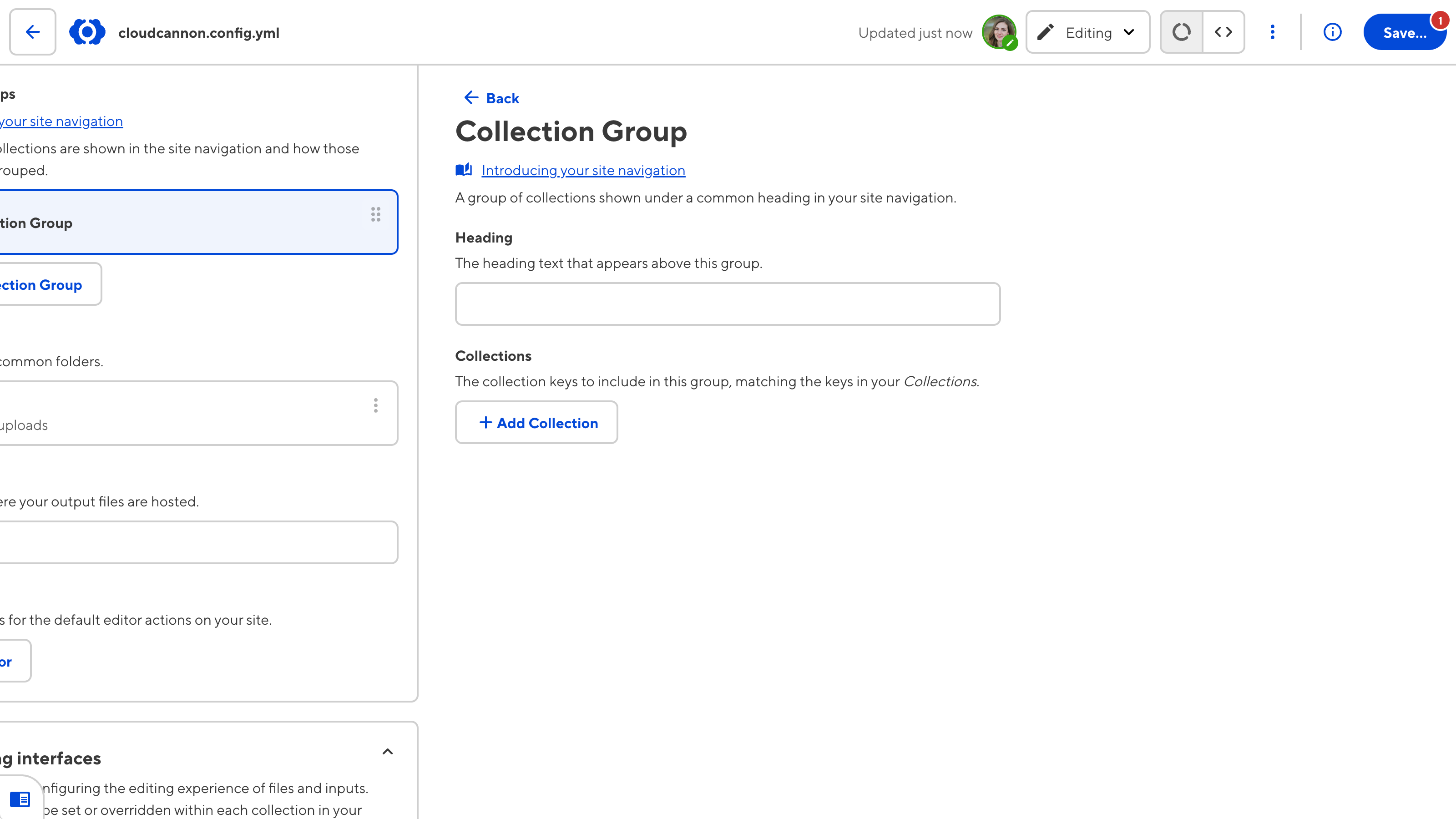 A screenshot of the CloudCannon configuration file open in the Data Editor shows the Collection Group configuration panel.