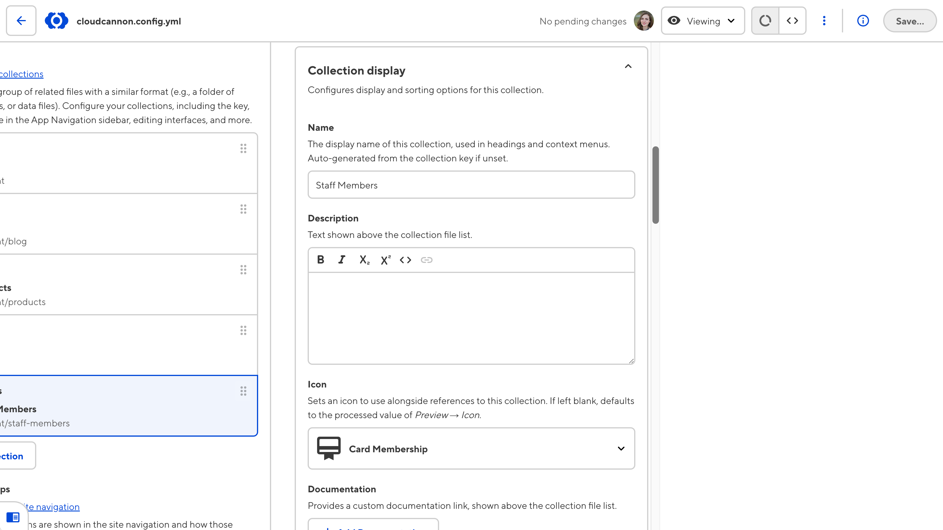 A screenshot of the CloudCannon configuration file open in the Data Editor shows the Collection display configuration panel.