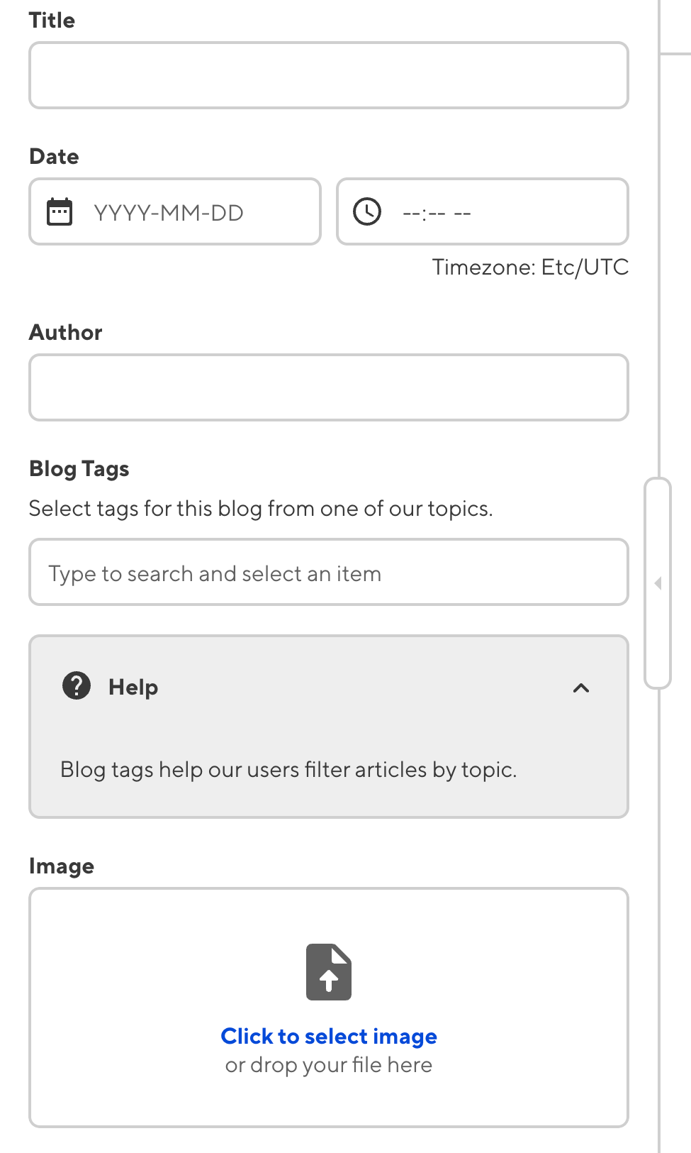 A screenshot of the sidebar in the Content Editor shows five inputs: Title, Date, Author, Blog Tags, and Image.