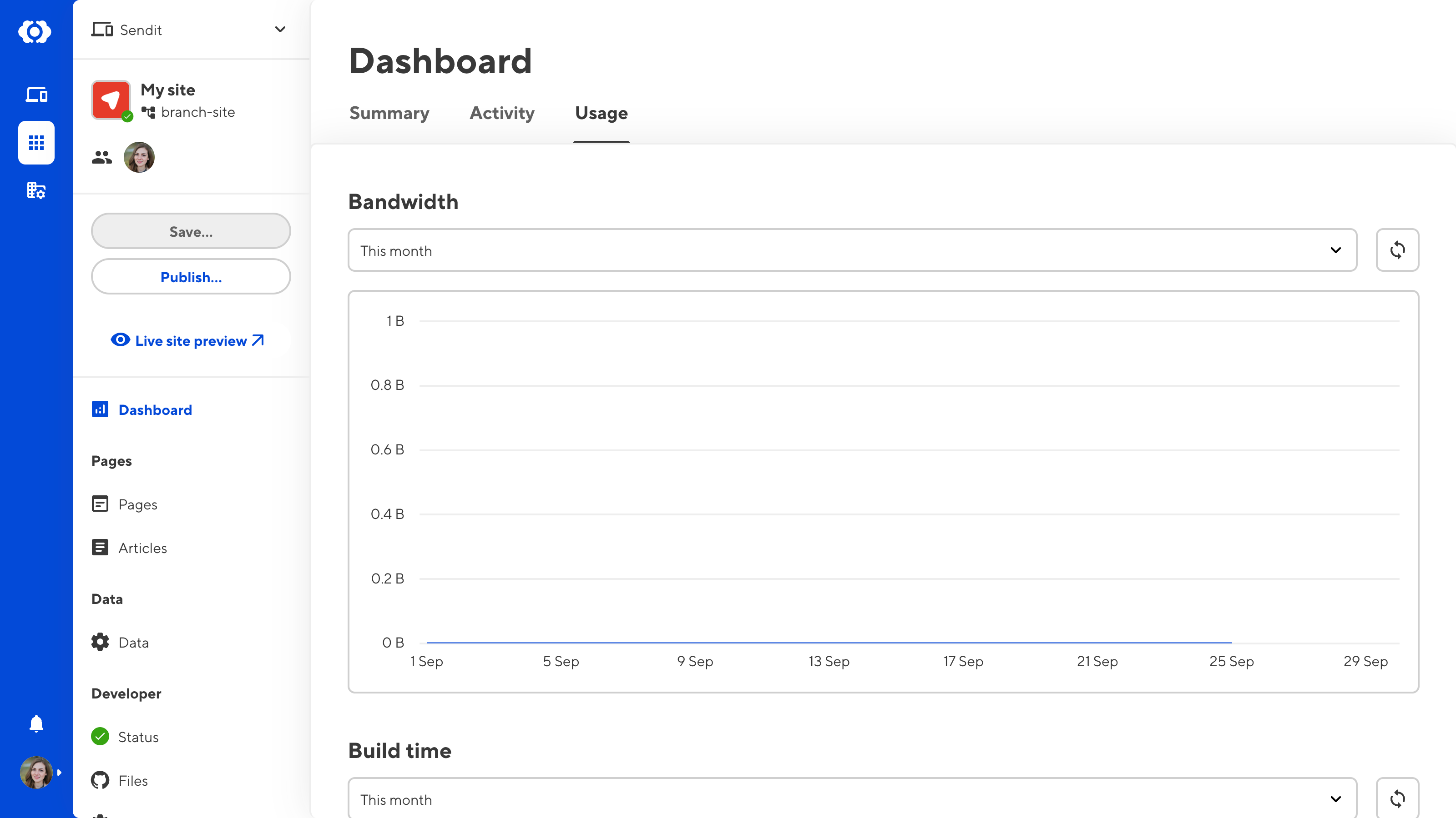 A screenshot of the Usage tab on the Dashboard page shows graphs for your bandwidth and build time utilization.