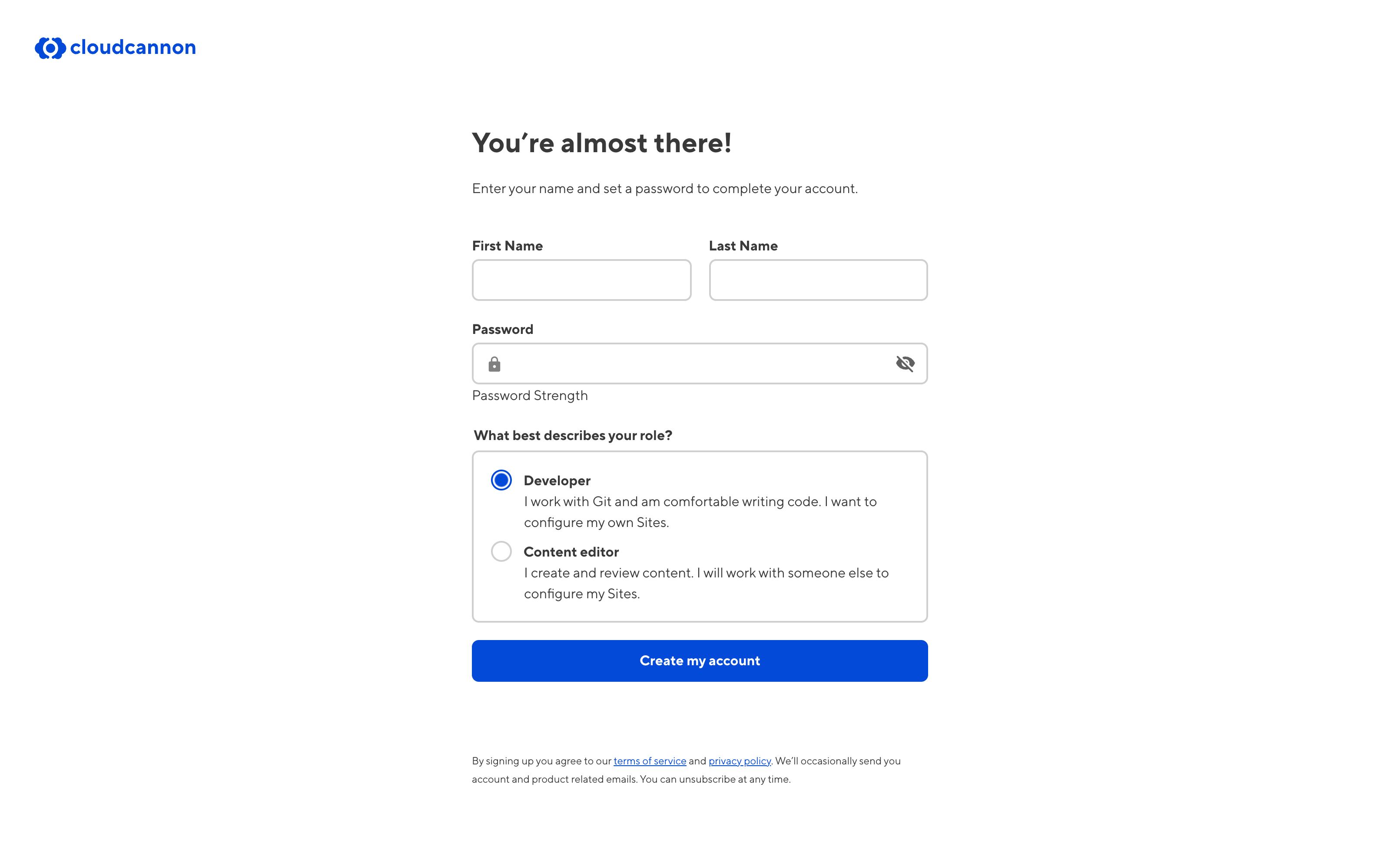 The Signup page A screenshot of the Signup page shows fields for your first name, last name, password, and role.