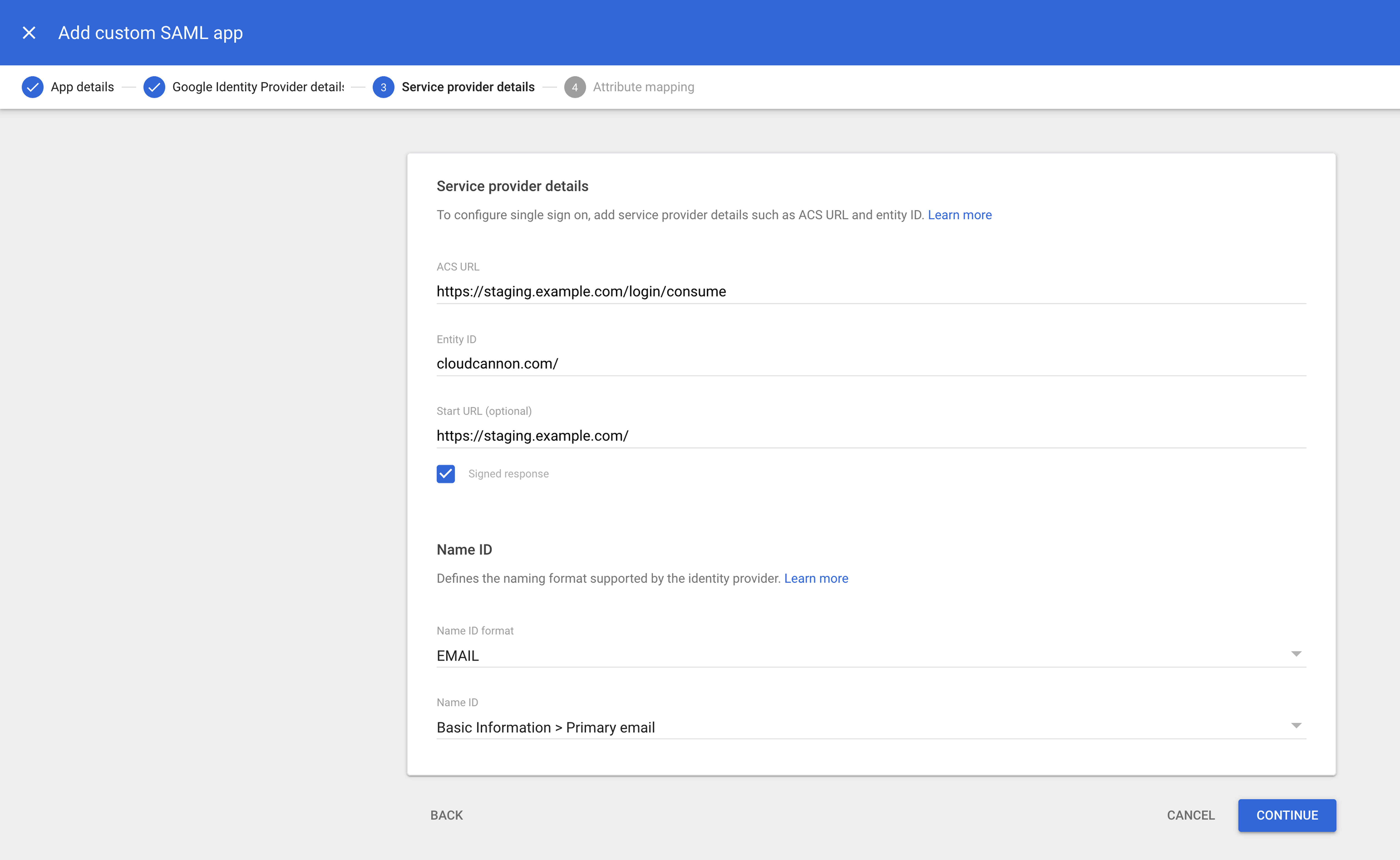 A screenshot of the Google Workspace Add Custom SAML App page shows the service provider details.