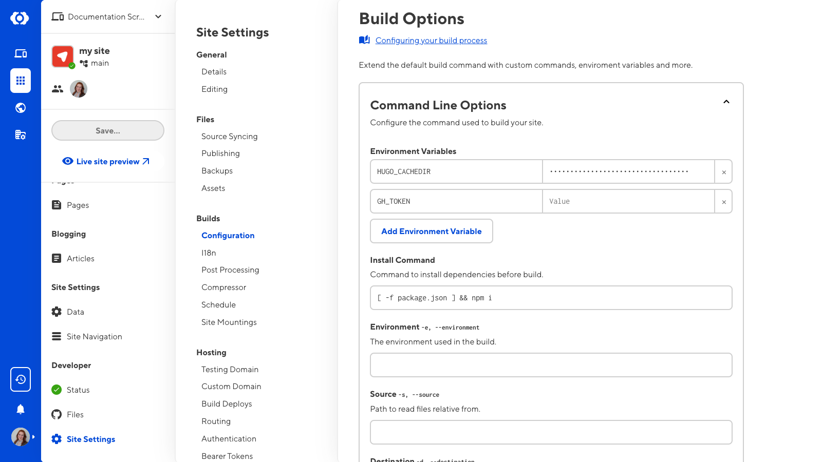 A screenshot of the Build Configuration page shows the CLI field to add a GH_TOKEN environment variable.