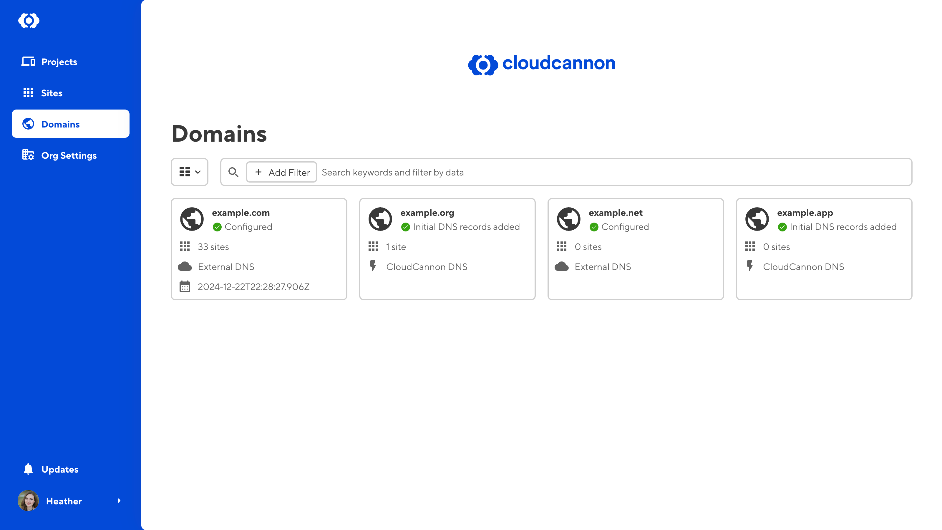 A screenshot of the Domain Browser shows four Domain cards with metadata for connected Sites, DNS, and SSL certificate expiry date.