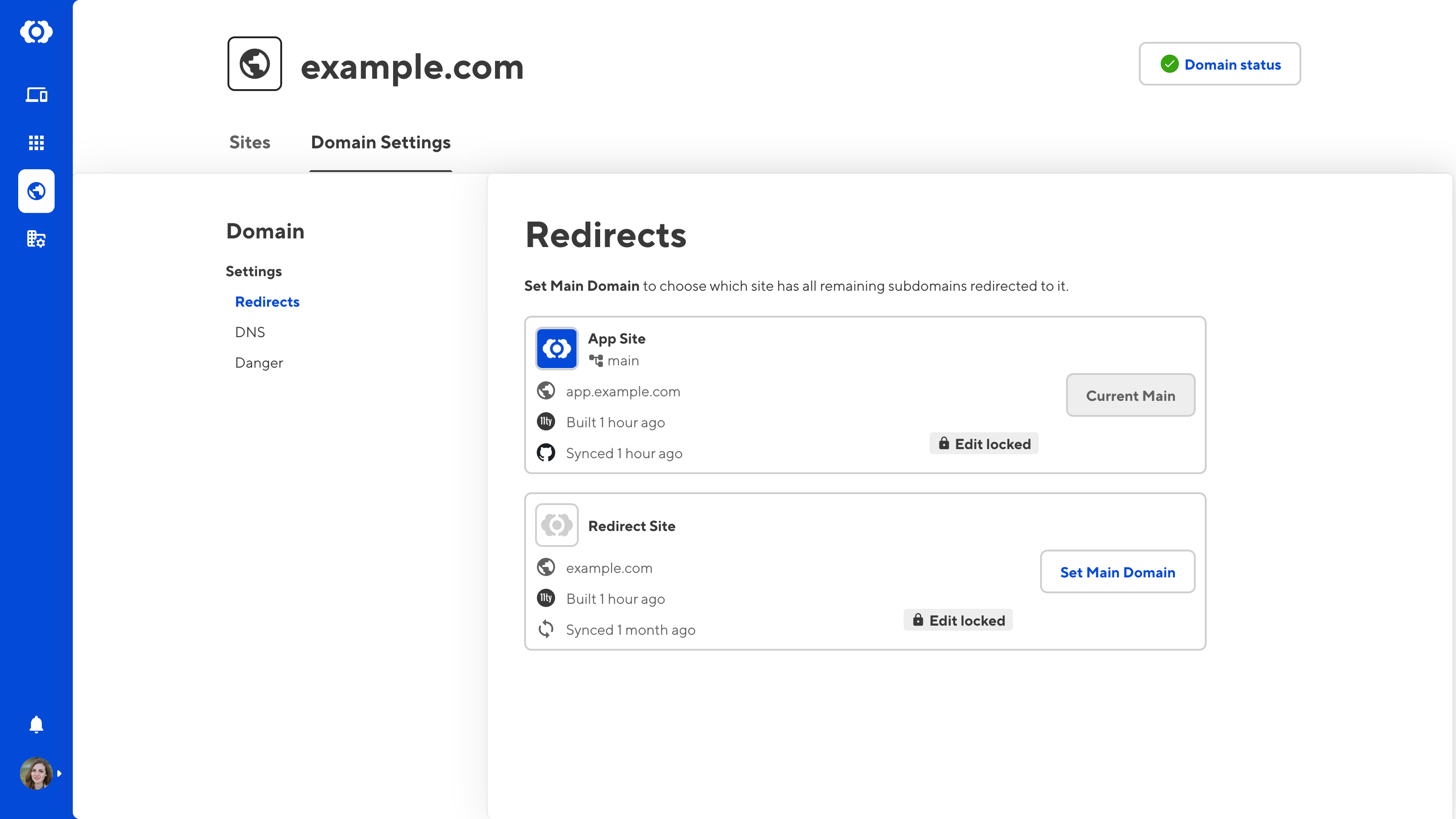 A screenshot of the Redirects section of the Domain Settings page shows two Sites using this domain with one Site set as the main domain.