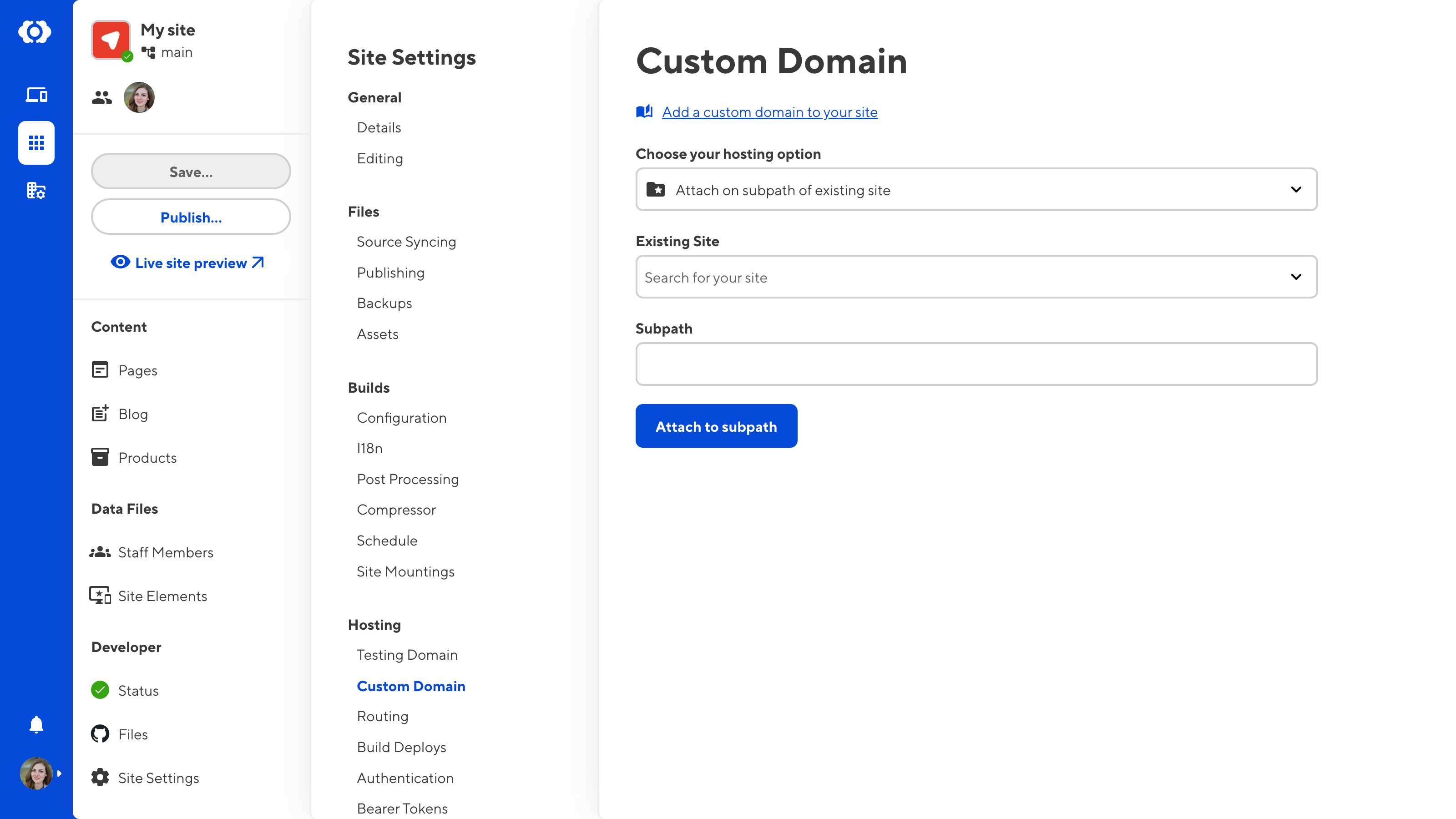 A screenshot of the Custom Domain page under Site Settings shows the Choose your hosting option, Existing Site, and Subpath fields.