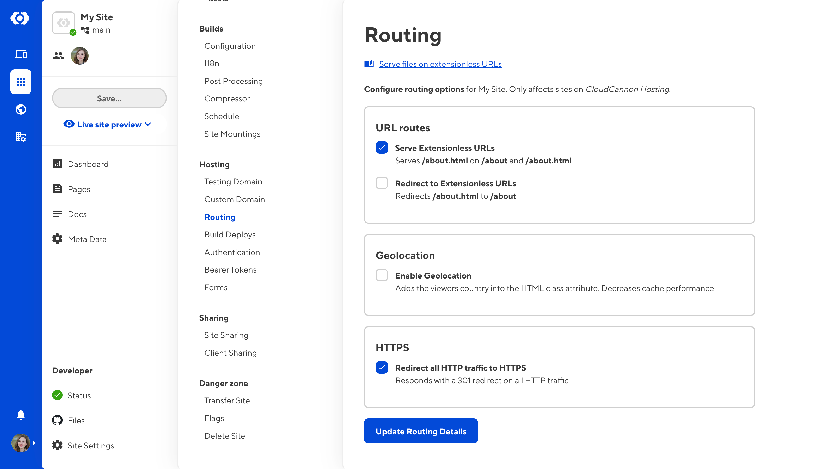 A screenshot of the Routing page shows the Redirect all HTTP traffic to HTTPS checkbox is ticked