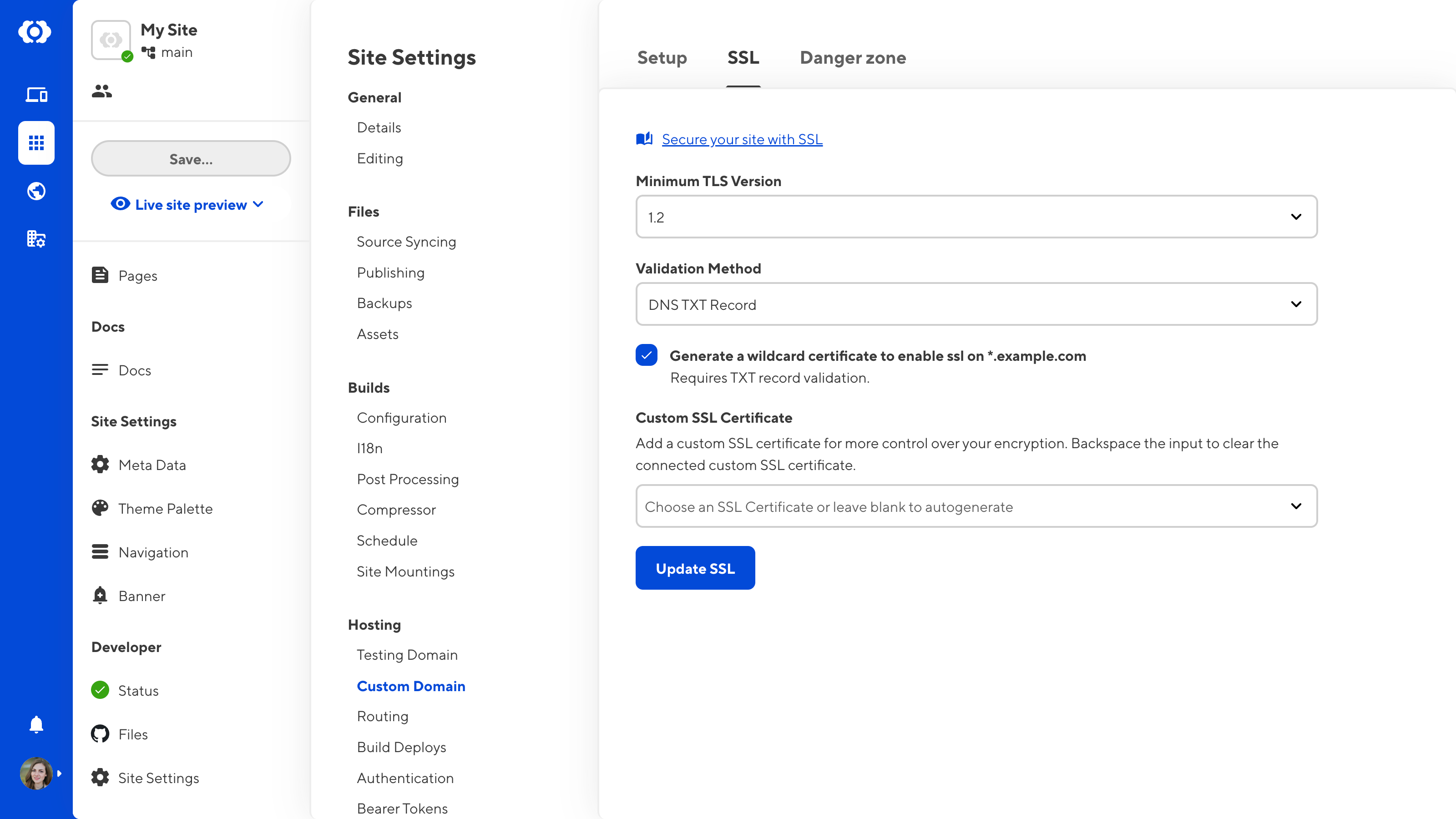 A screenshot of the Custom Domain page under Site Settings shows the SSL tab with fields for Minimum TLS Version and Validation Method.