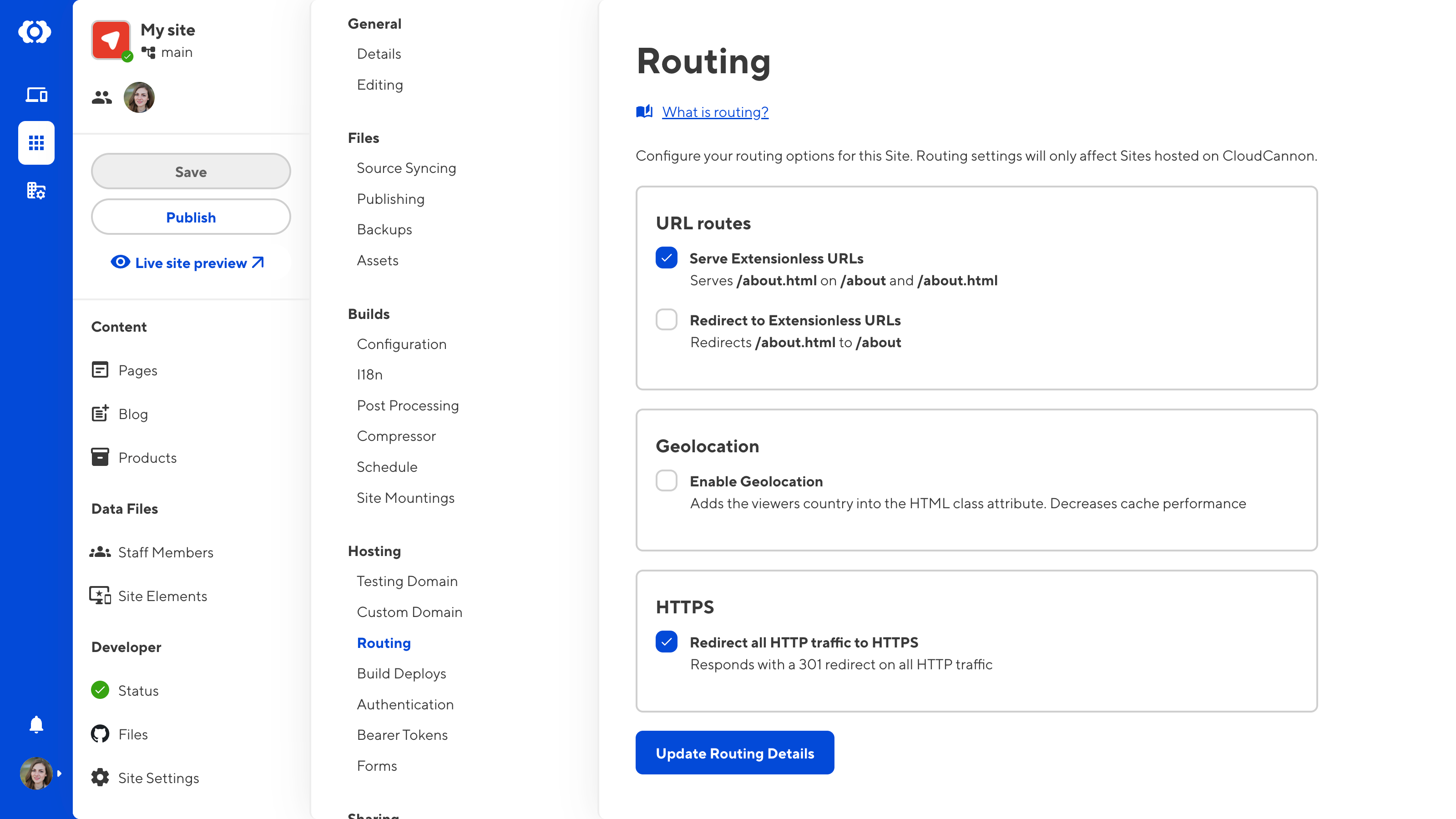 A screenshot of the Routing page shows the Redirect all HTTP traffic to HTTPS checkbox is ticked