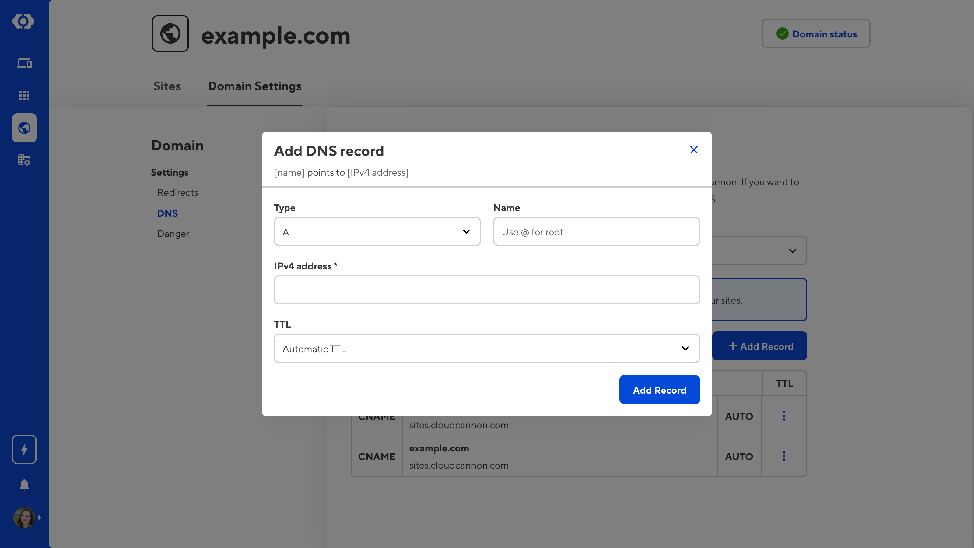 The Add DNS Record modal on the Domain Settings page shows fields for Type, Name, IPv4 Address and TTL.