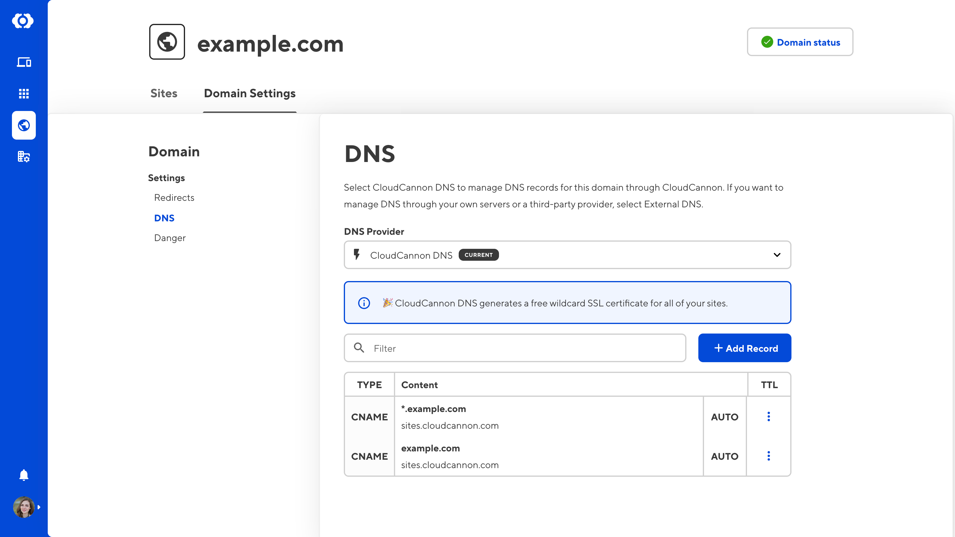 A screenshot of the Domain Settings page shows the DNS Provider dropdown is set to CloudCannon DNS.