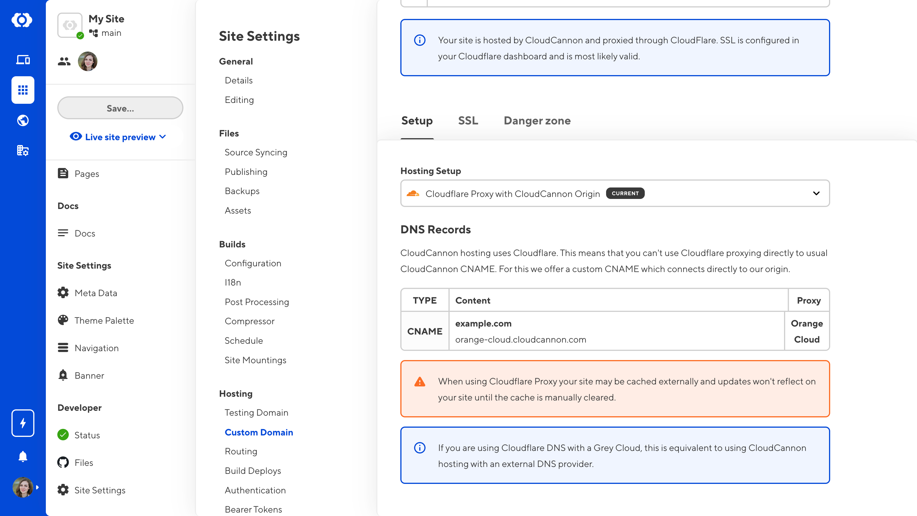 A screenshot of the Custom Domain page shows the Cloudflare Proxy with CloudCannon Origin option in the Hosting Setup dropdown.