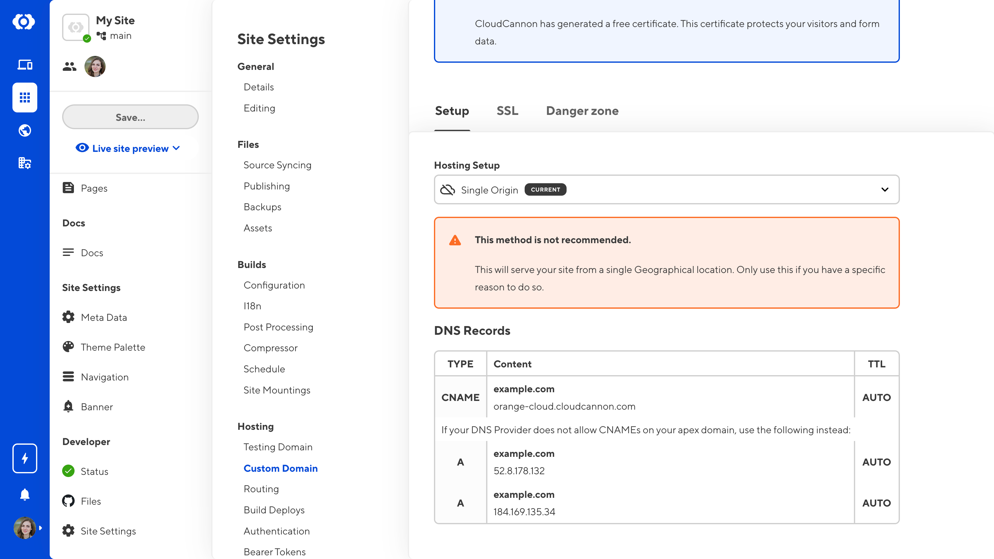 A screenshot of the Custom Domain page shows the Single Origin option in the Hosting Setup dropdown.