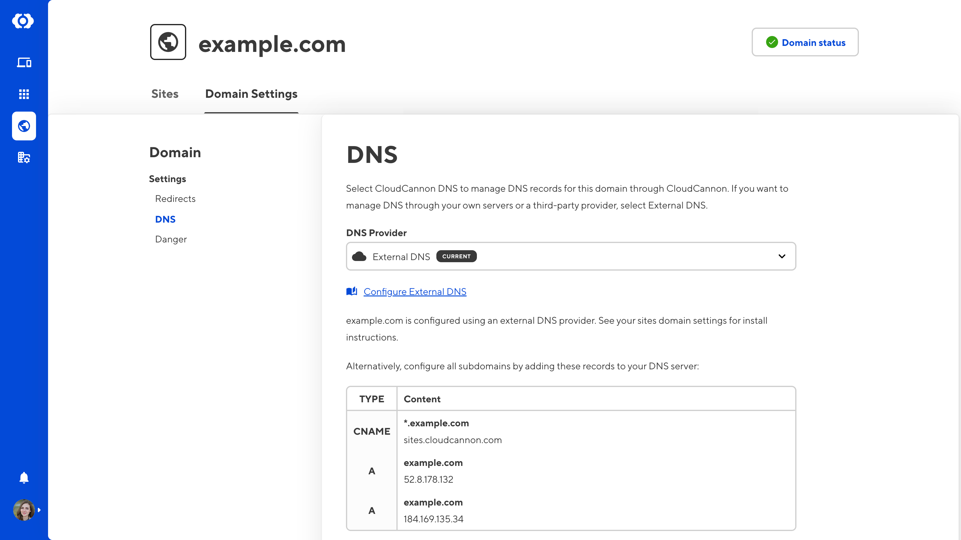 A screenshot of the Domain Settings page shows the DNS Provider dropdown is set to External DNS.