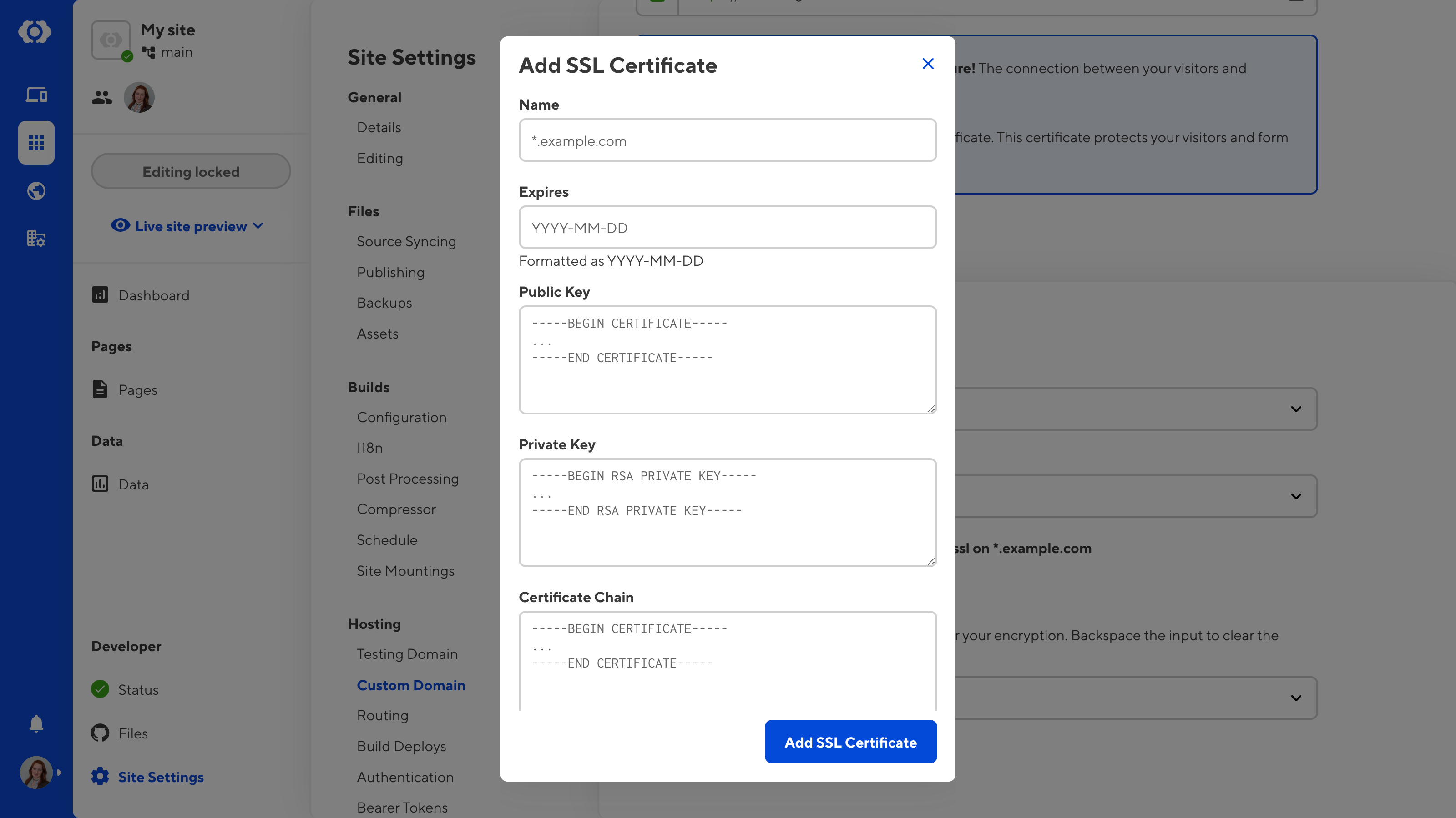 A screenshot of the Add SSL Certificate modal shows fields for Name, Expires, Public Key, Private Key, Certificate Chain.