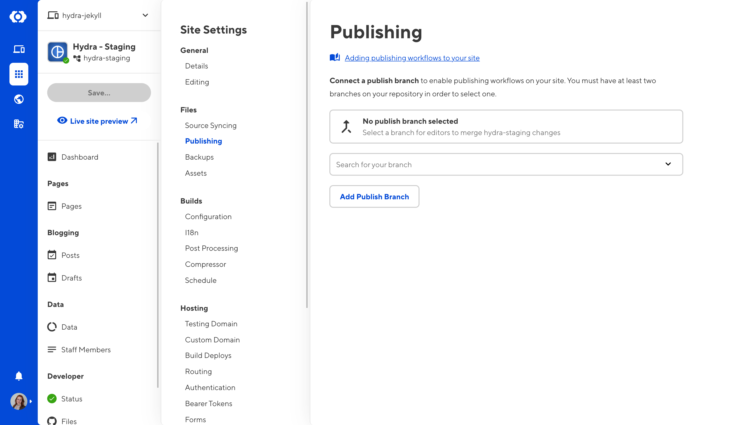 A screenshot of the CloudCannon app shows the Publishing tab on the Site Settings page, with a button to Add Publish Branch.