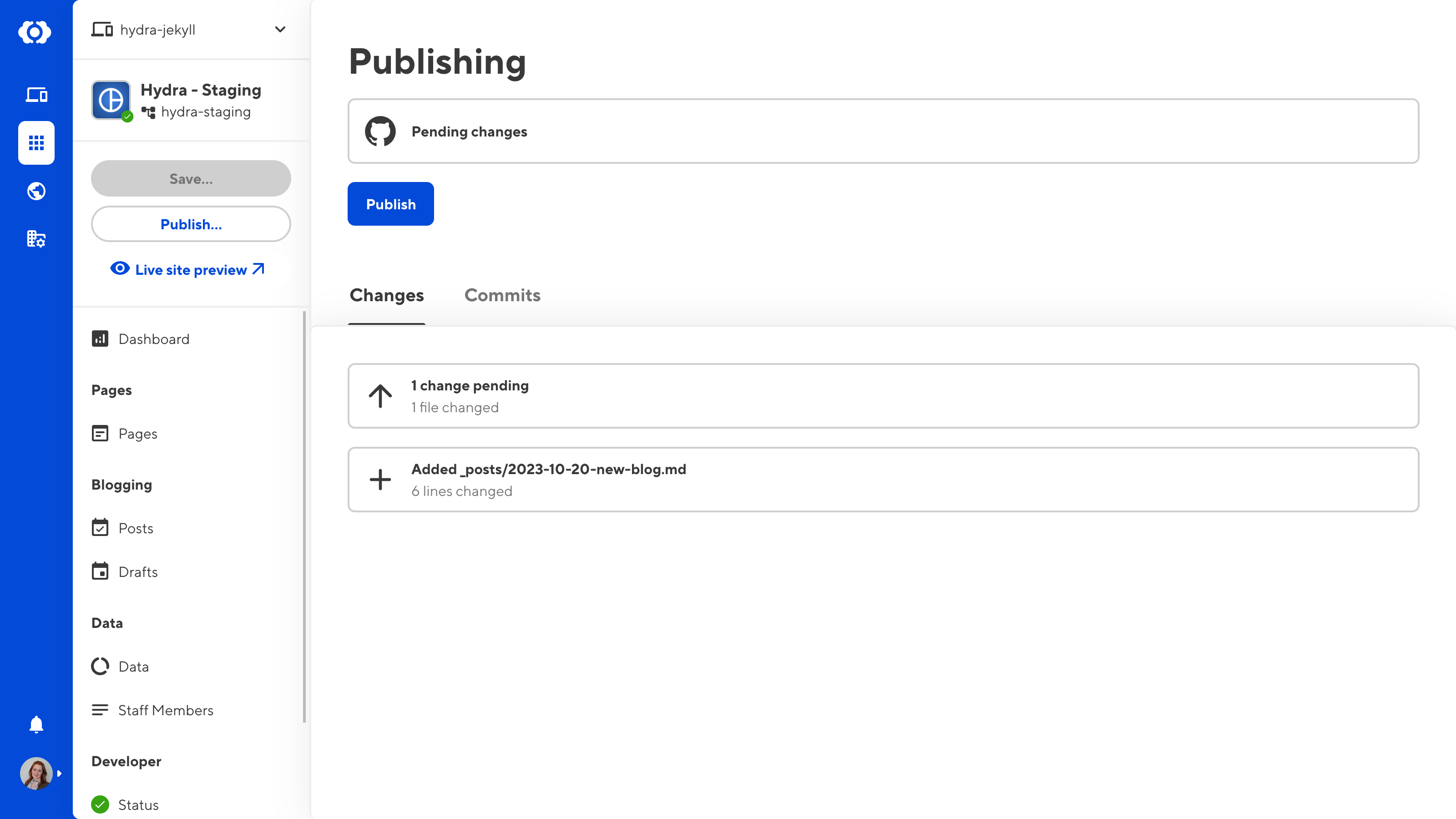 A screenshot of the CloudCannon app shows the Publishing page with a button to Publish pending changes.