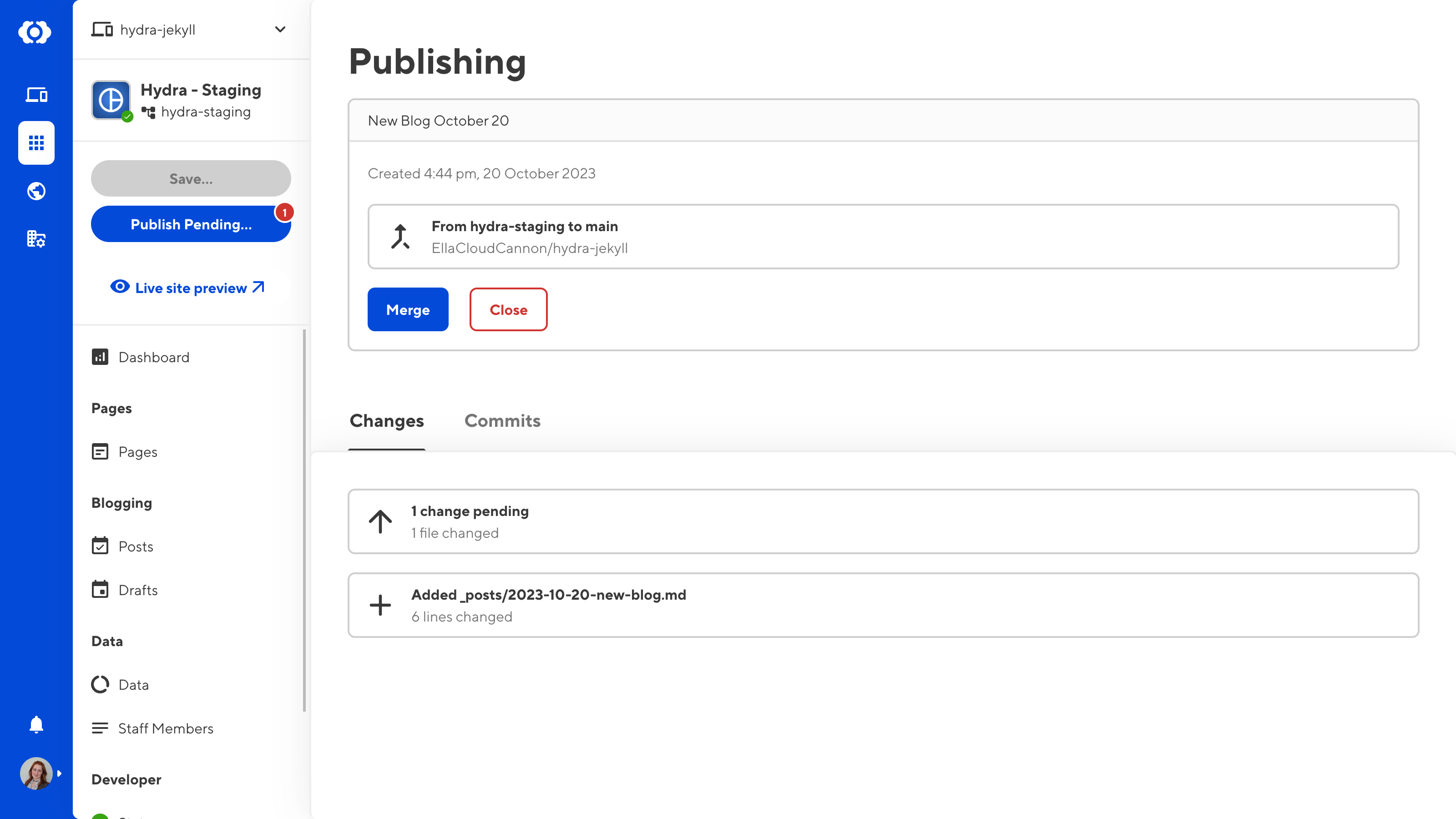 A screenshot of the CloudCannon app shows the Publishing page with a button to Merge or Close a Pull Request and a list of changes.