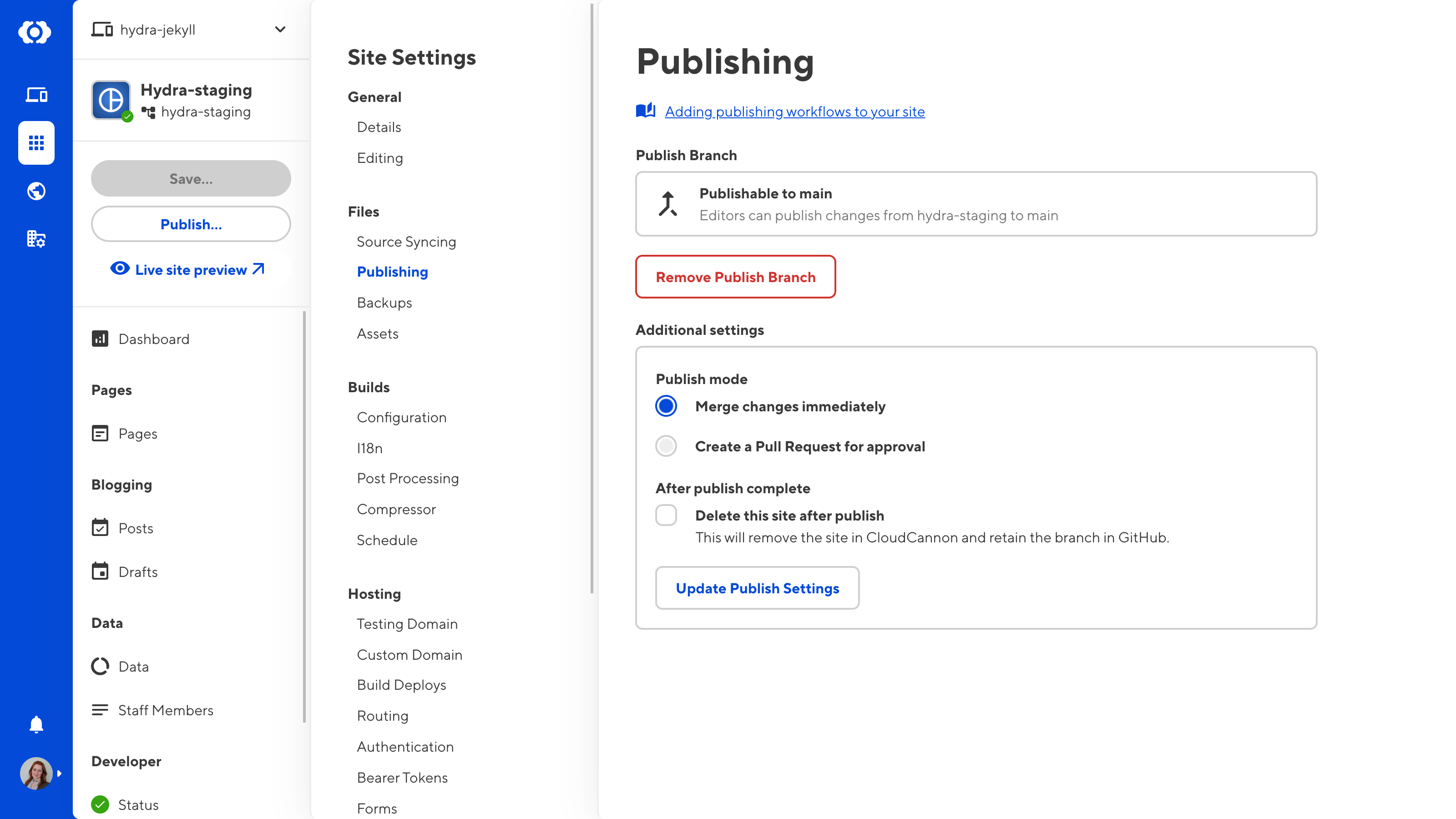 A screenshot of the CloudCannon app shows the Publishing tab on the Site Settings page, with the option to select Merge or Pull Request.