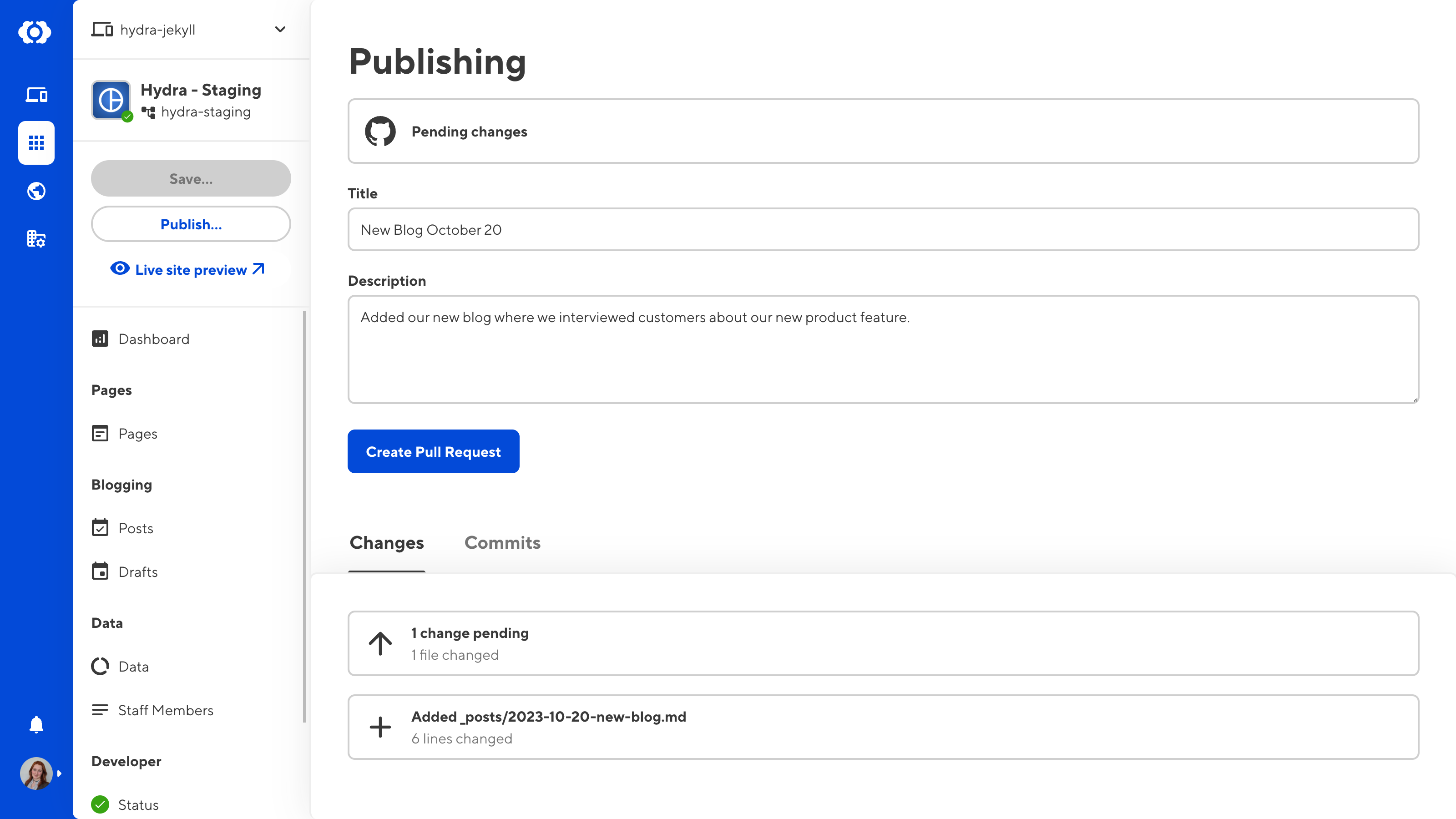 A screenshot of the CloudCannon app shows the Publishing page with fields to describe changes and a Create Pull Request button.