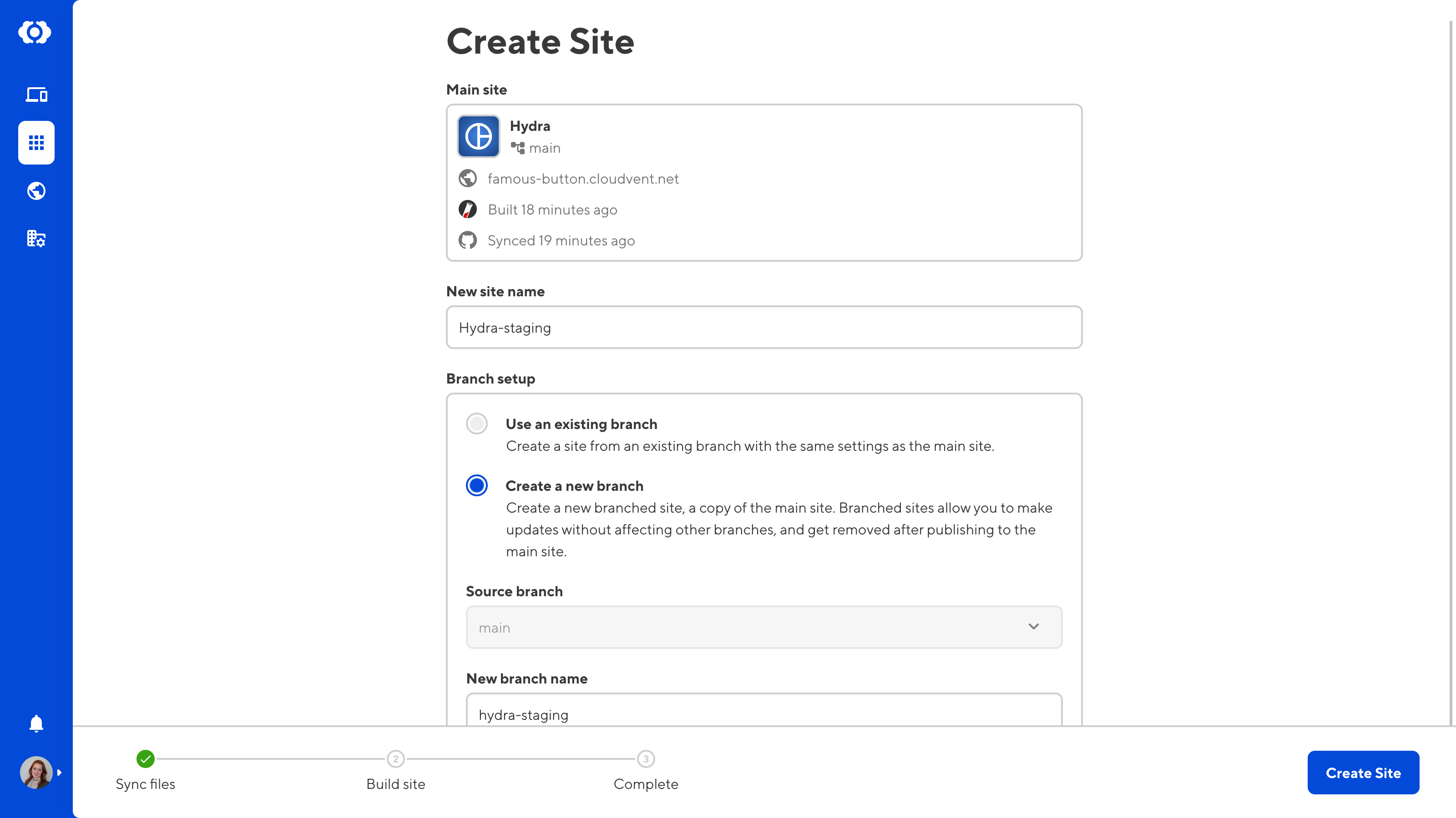A screenshot of the CloudCannon app shows the Create Site page with fields for the main site, new site name, and branch setup.