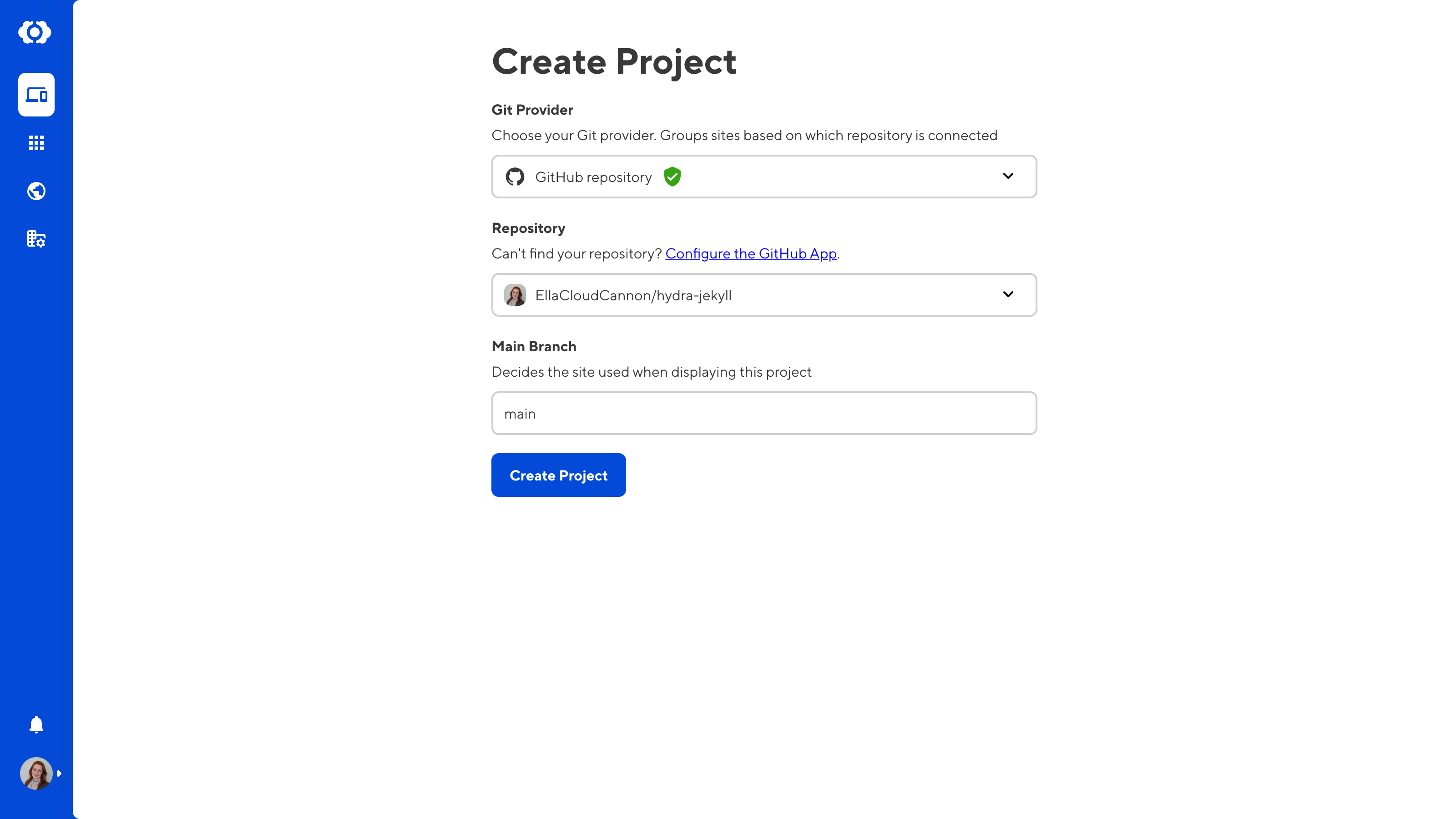 A screenshot of the CloudCannon app shows a field for your git provider, repository, and main branch name.