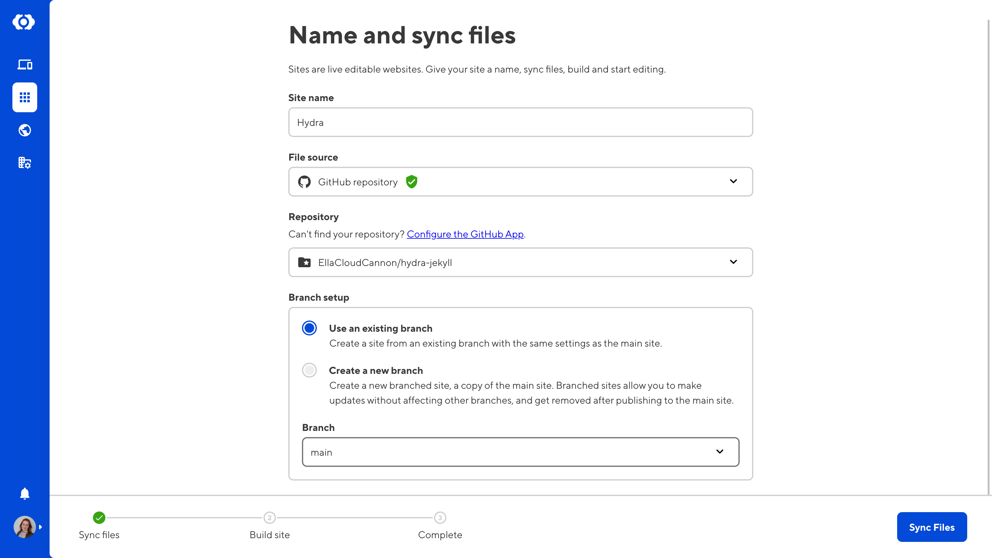 A screenshot of the CloudCannon app shows fields for your new site name, repository, and branch setup.