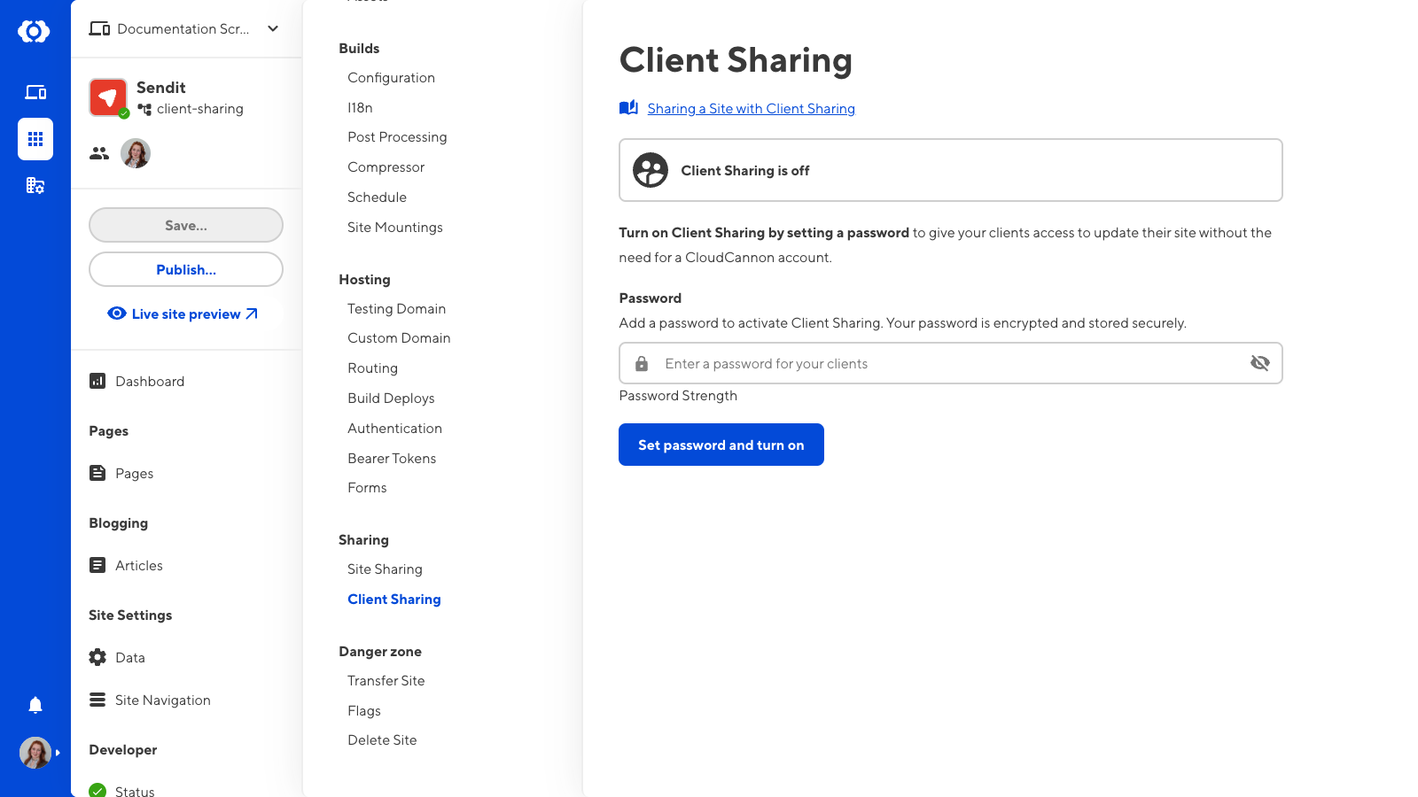 A screenshot of the Client Sharing page shows a field for setting the Client password and a button to enable Client Sharing.