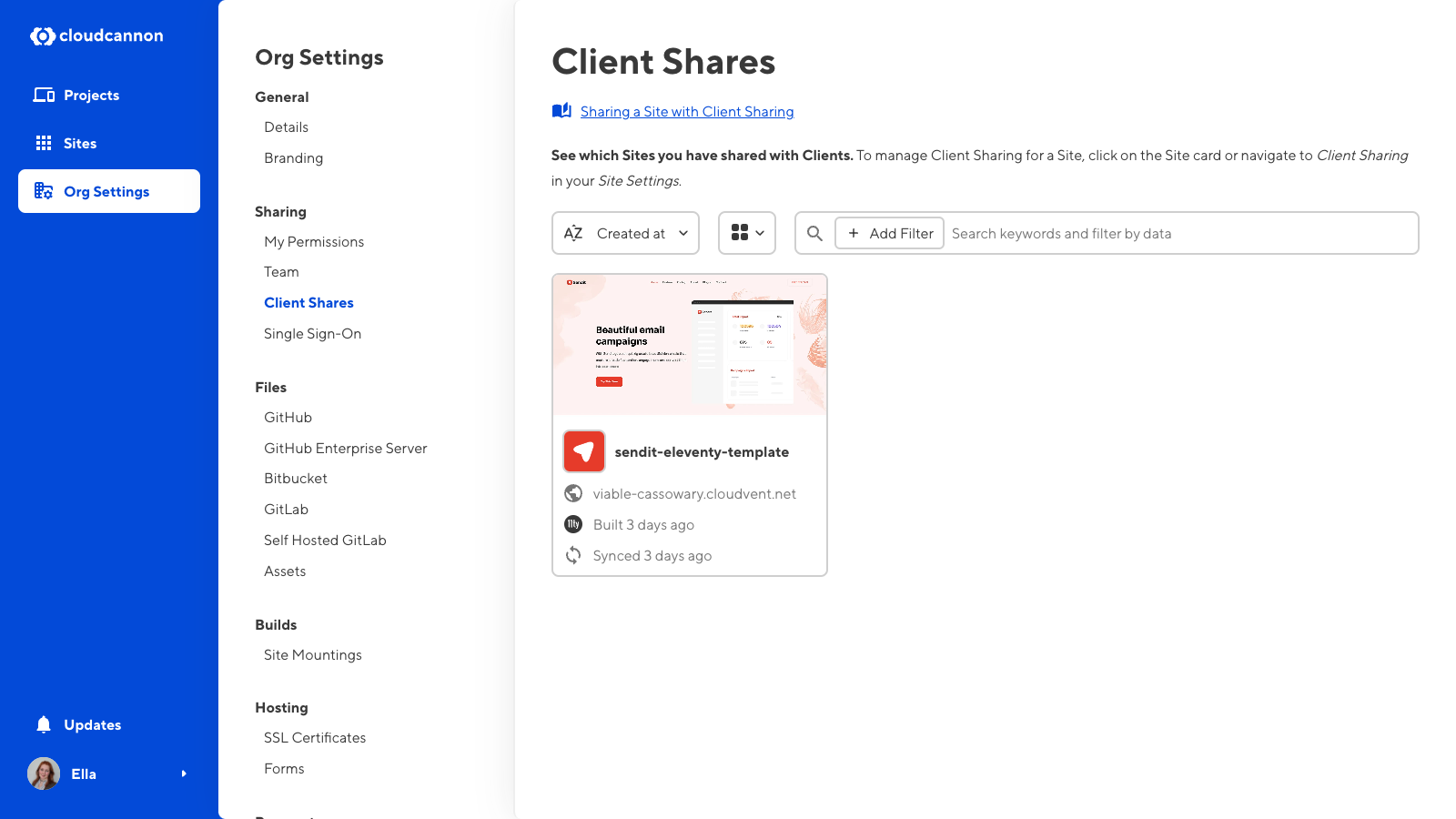 A screenshot of the Client Shares page shows one Site with Client Sharing enabled.