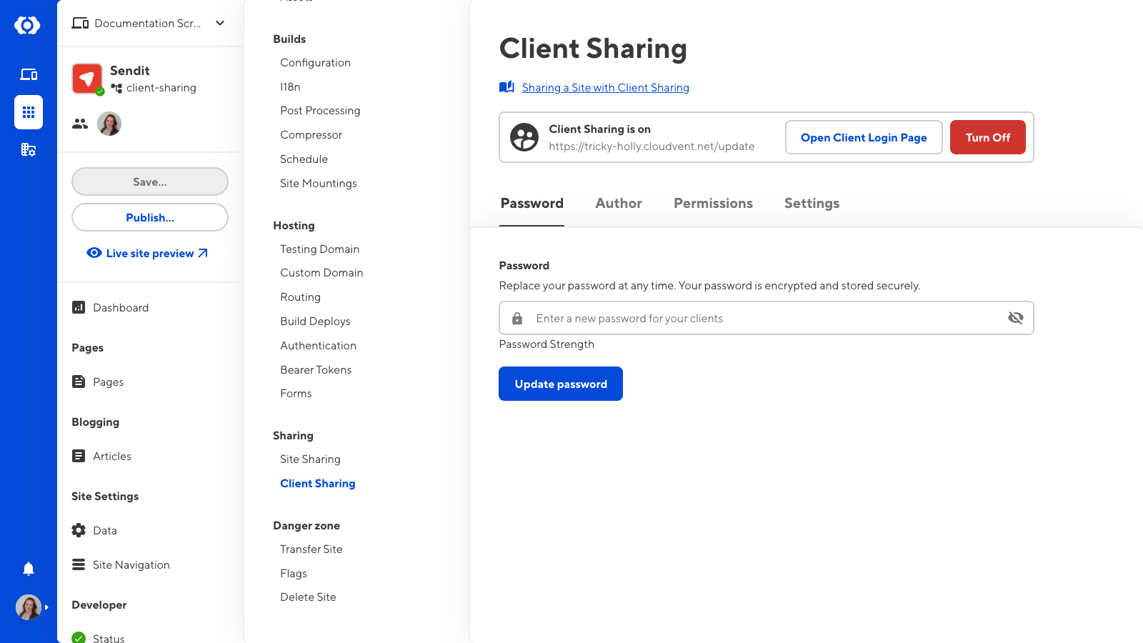 A screenshot of the Password tab on the Client Sharing page shows a field to reset the Client password and a button to disable Client Sharing.