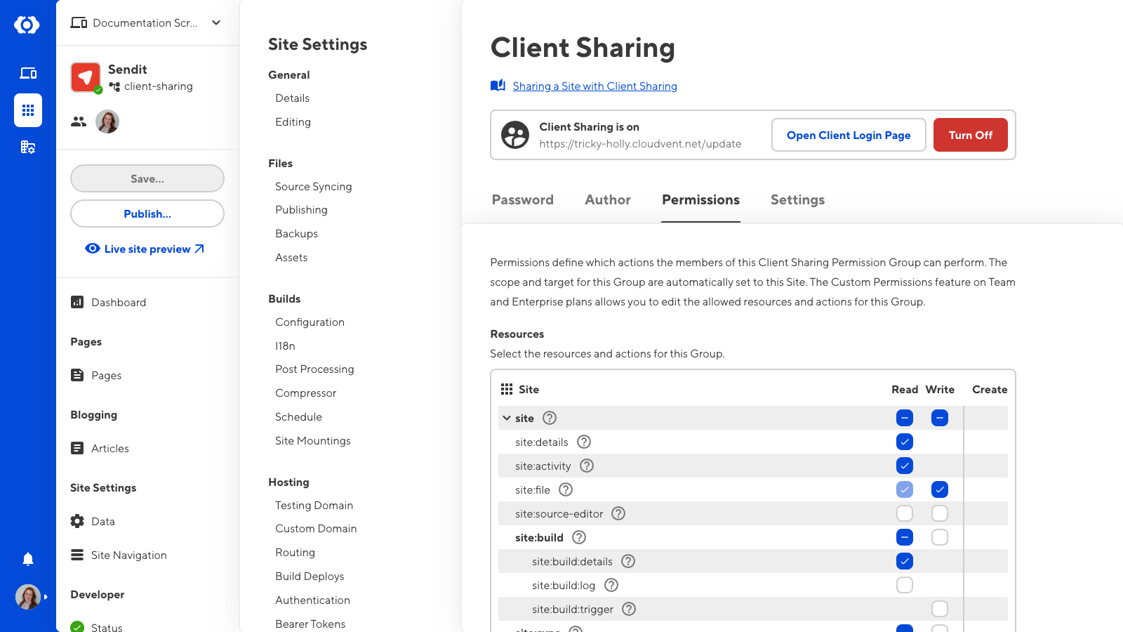 A screenshot of the Permissions tab on the Client Sharing page shows the resources and actions Clients are permitted to take for this Site.